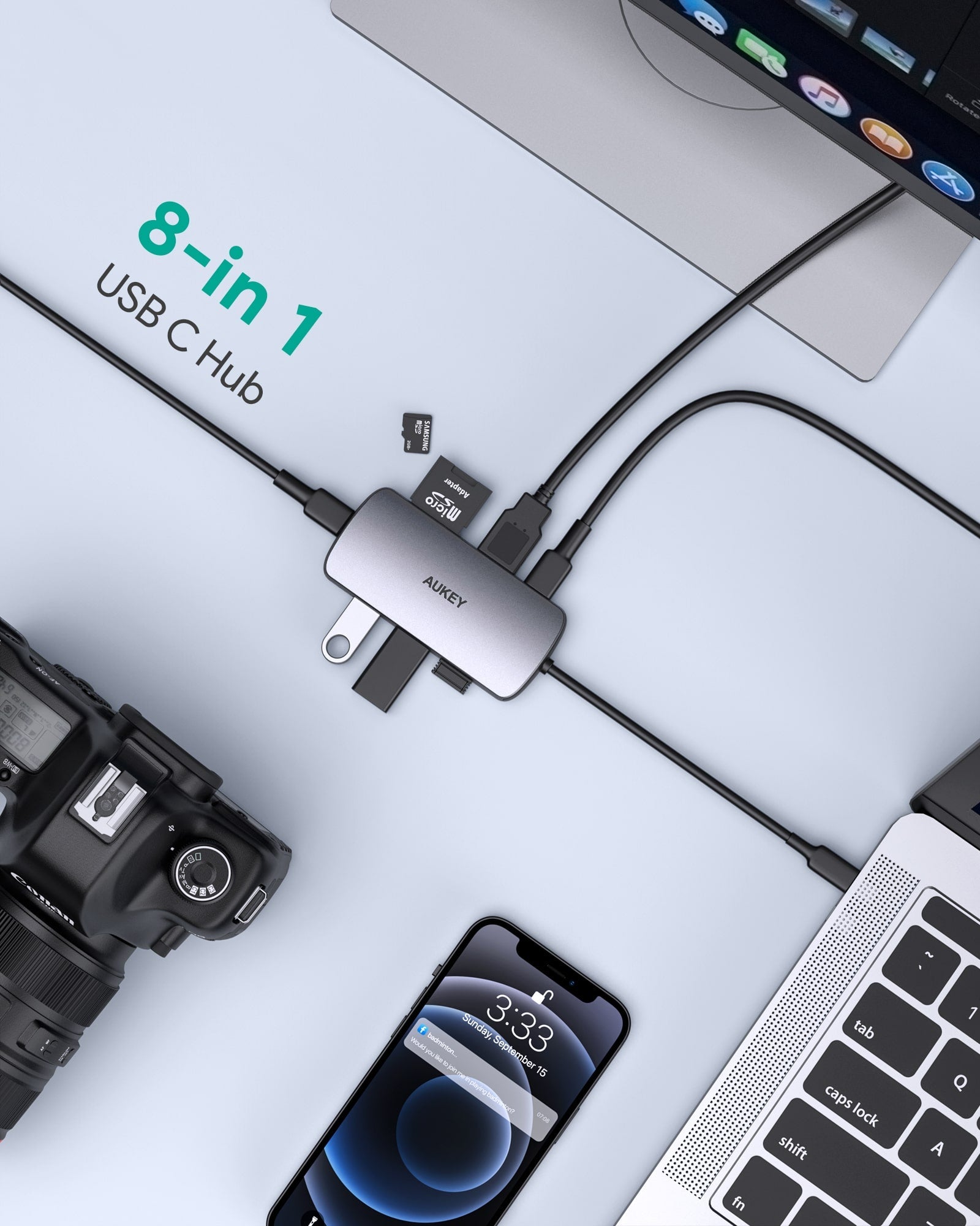 Aukey CB-C85 USB C Hub 8-in-1 with 4K HDMI, USB 2.0. USB 3.0, 100W PD Charging, SD&Micro SD Card Reader