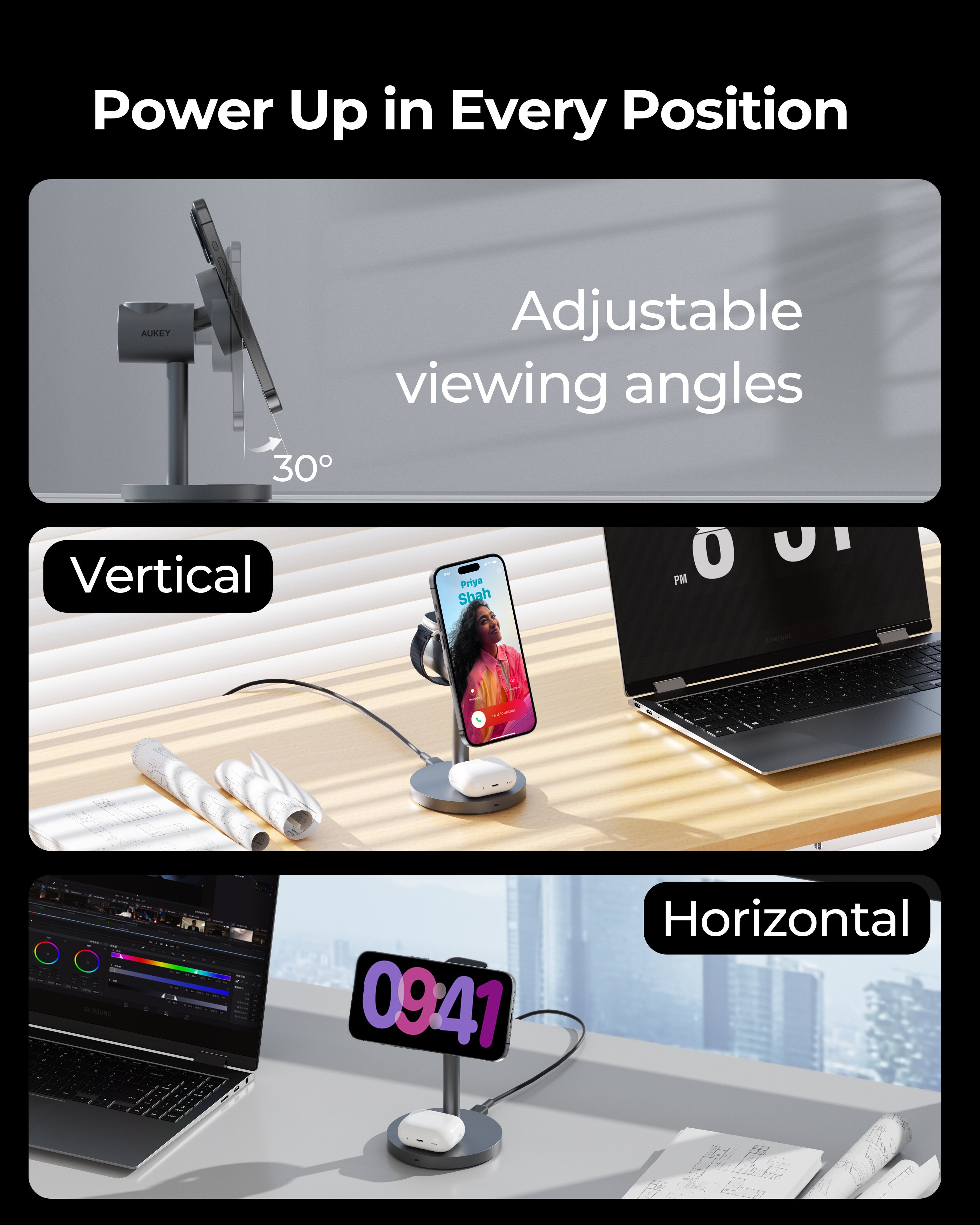 AUKEY LC-MC311 MagFusion 3-in-1 15W Magnetic Wireless Charger MFI Certified