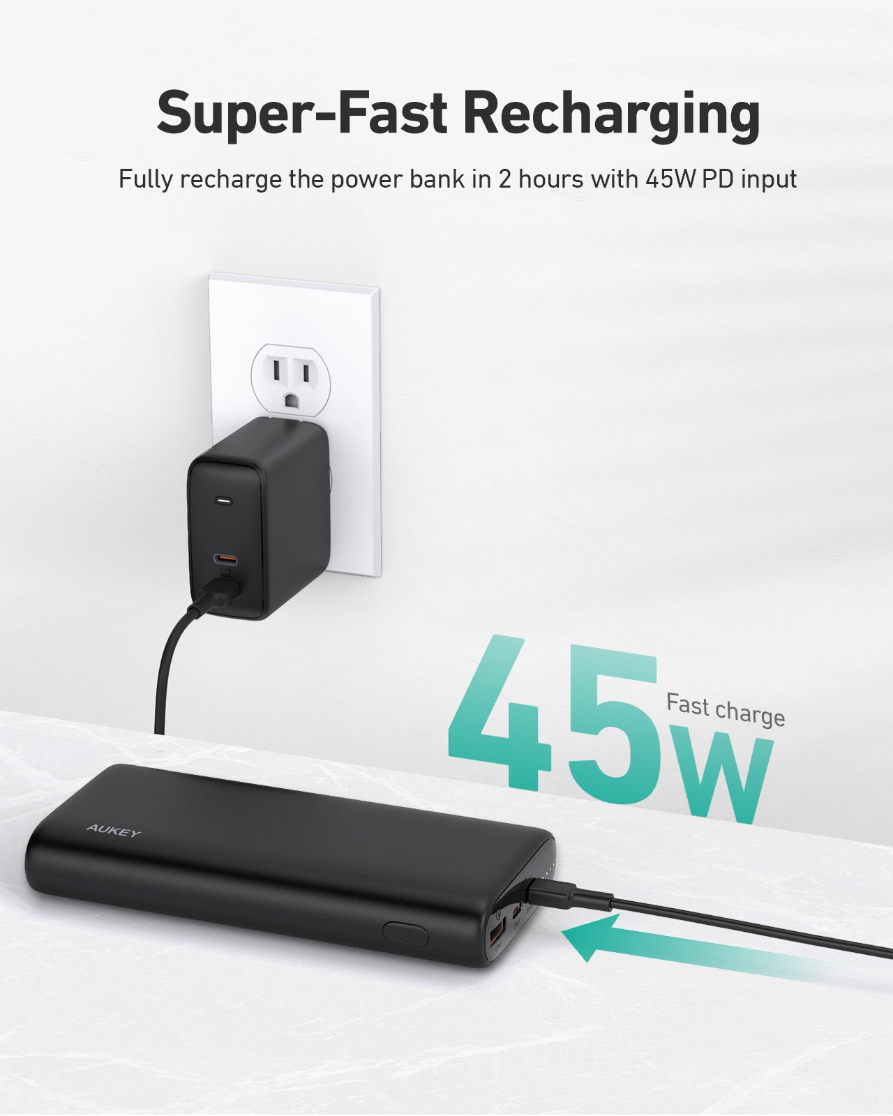 Aukey PB-Y37 20000mAh 65W PD Powerbank, Fast Charge Portable charger for iPhone 13 12 11 Android MacBook Nintendo Switch
