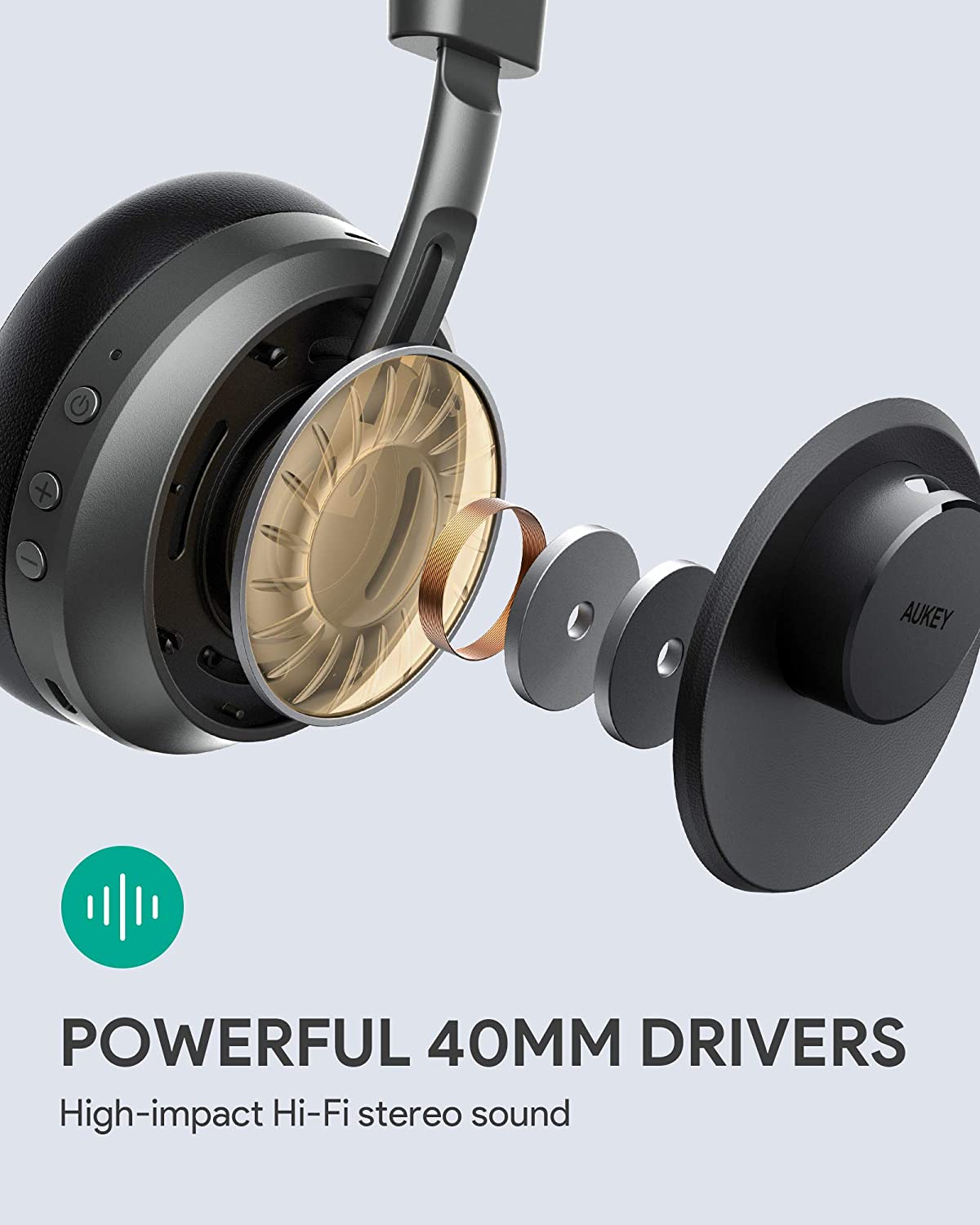 AUKEY EP-B52 Wireless Over-Ear Headphones with Microphones, Bluetooth 5, 25H Playtime, 40mm Dynamic Speaker Drivers