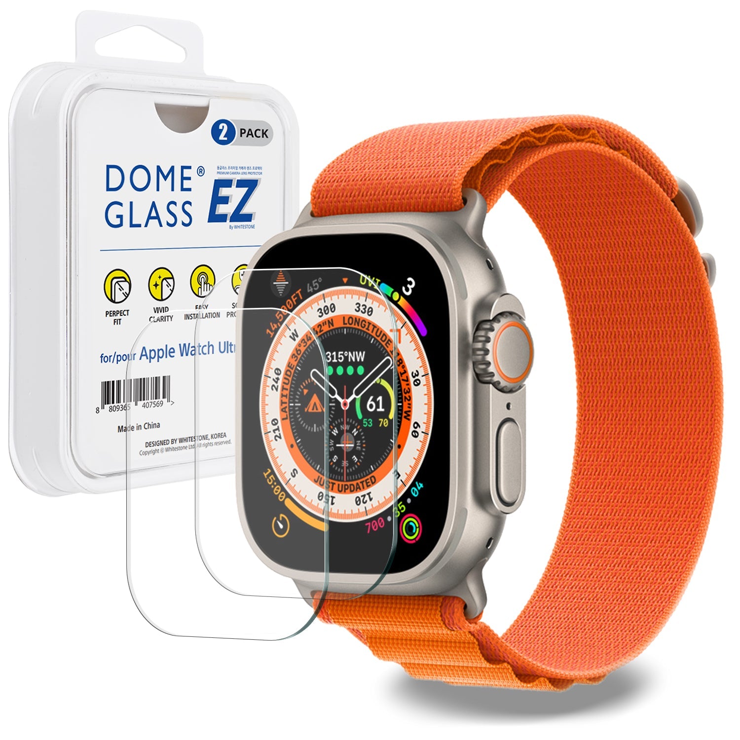 Whitestone Apple Watch Ultra 49mm EZ Tempered Glass Screen Protector - 2 Pack