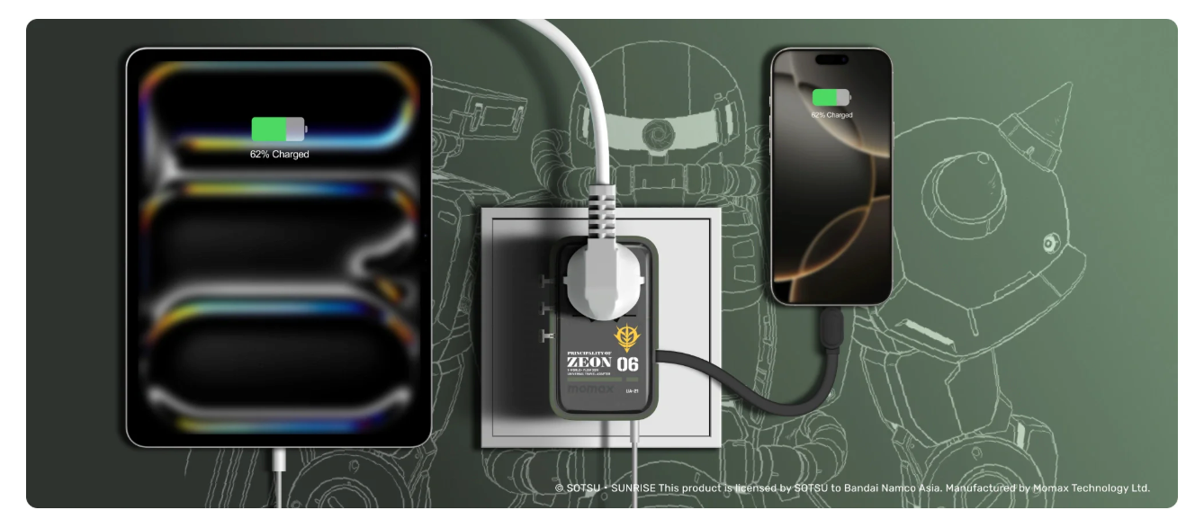 [Mobile Suit Gundam Limited Edition] Momax UA21 1-World+ 35W 4-Port Travel GaN Charger With Built-in USB-C Cable - Red