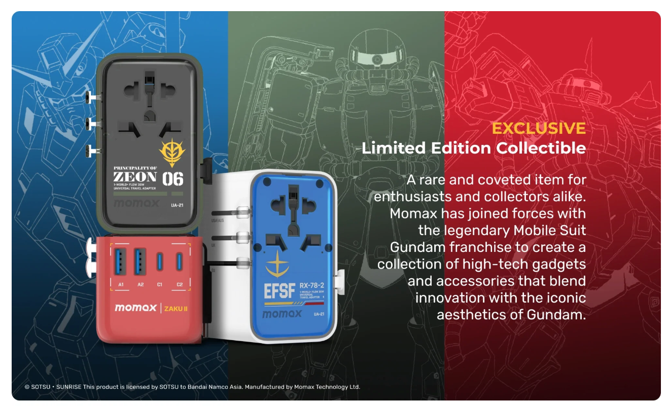 [Mobile Suit Gundam Limited Edition] Momax UA21 1-World+ 35W 4-Port Travel GaN Charger With Built-in USB-C Cable - Red