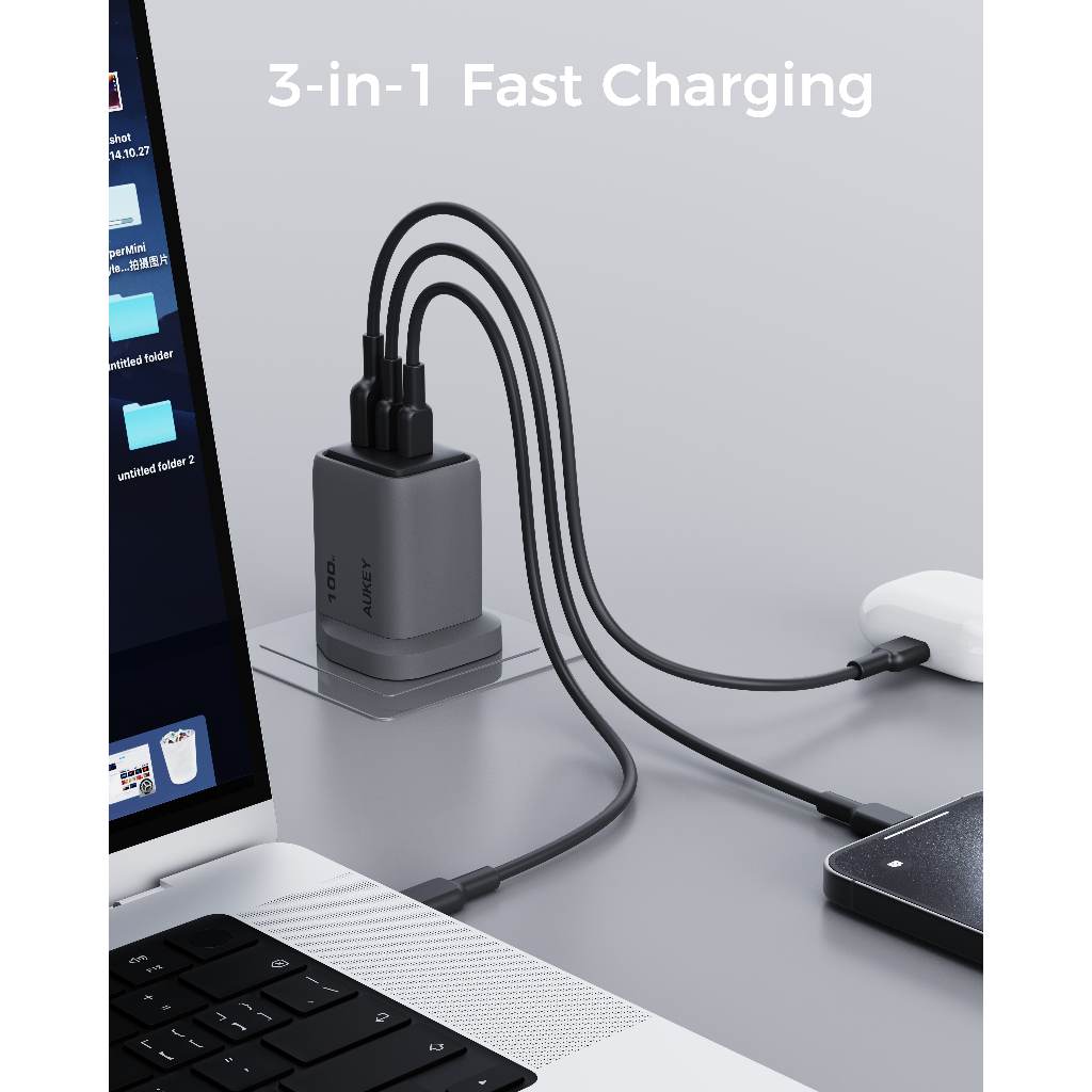 AUKEY PA-C5 Comet Mix 3 100W PD 3-Port GaN Wall Charger with PPS for Laptop & Mobile