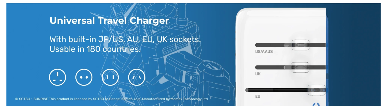 [Mobile Suit Gundam Limited Edition] Momax UA21 1-World+ 35W 4-Port Travel GaN Charger With Built-in USB-C Cable - Red