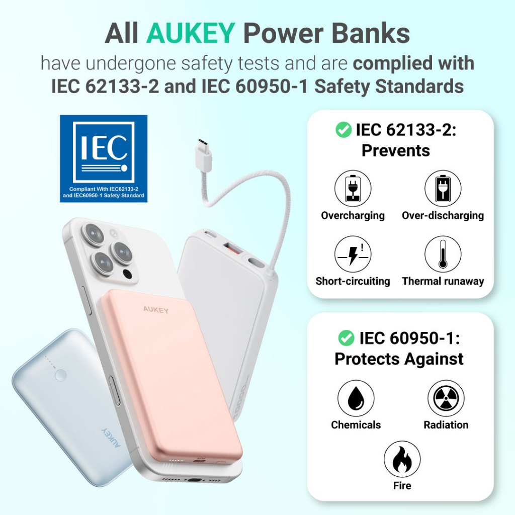 [3C | CCC Certified]Aukey PB-Y61 Spark Sling 30W 10000mAh Mini Portable Fast Charging Power Bank w Built-in Type C Cable