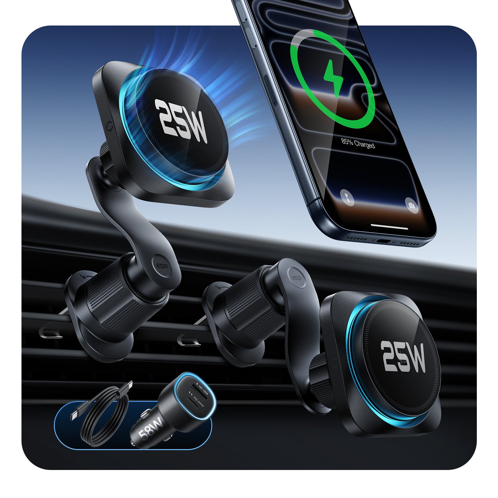ESR OmniLock Qi2 25W CryoBoost Air Vent Magnetic Car Charger