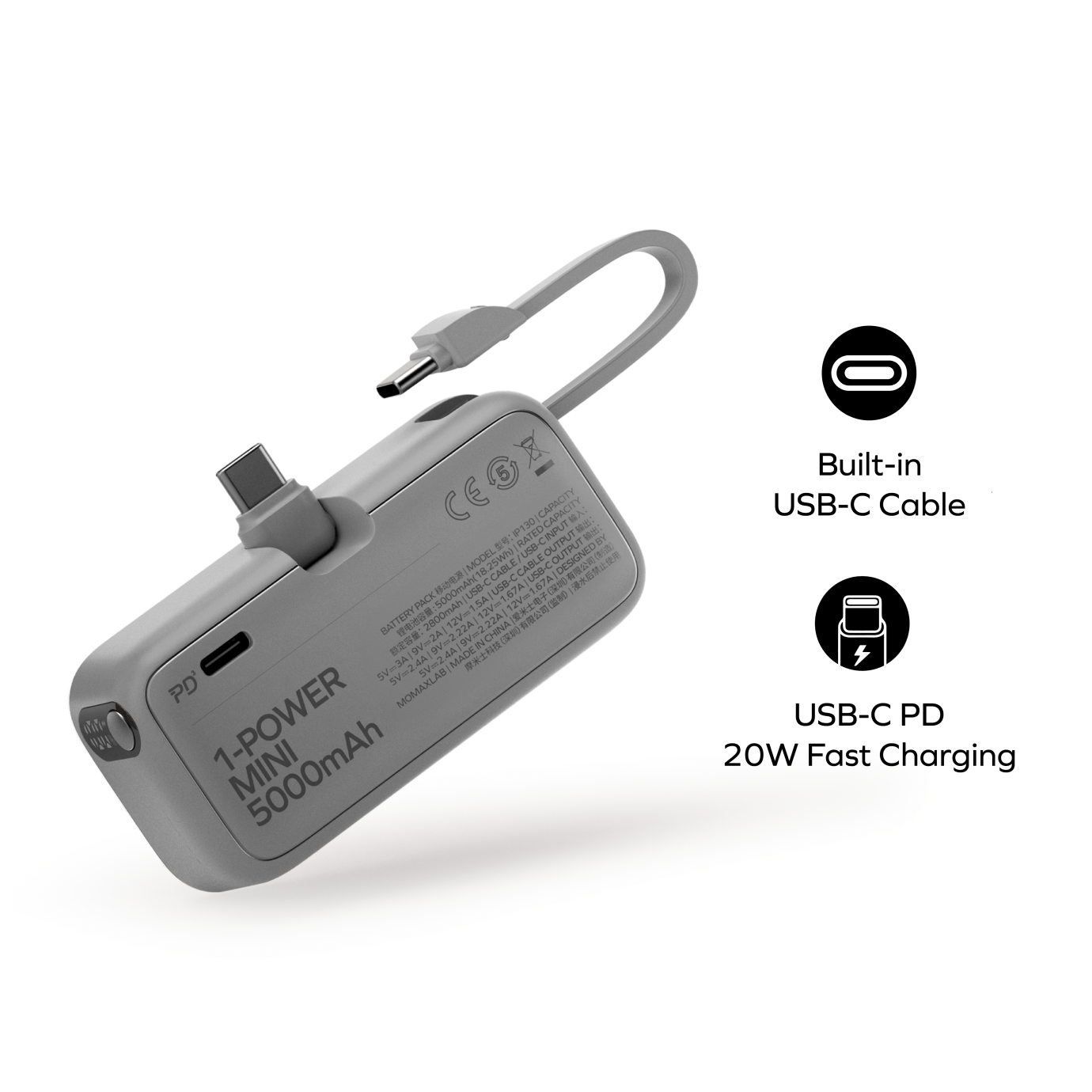 [CCC Certified] Momax IP130/IP130MFi 1-Power Mini 5,000mAh Bulit-in Foldable USB-C Battery Pack