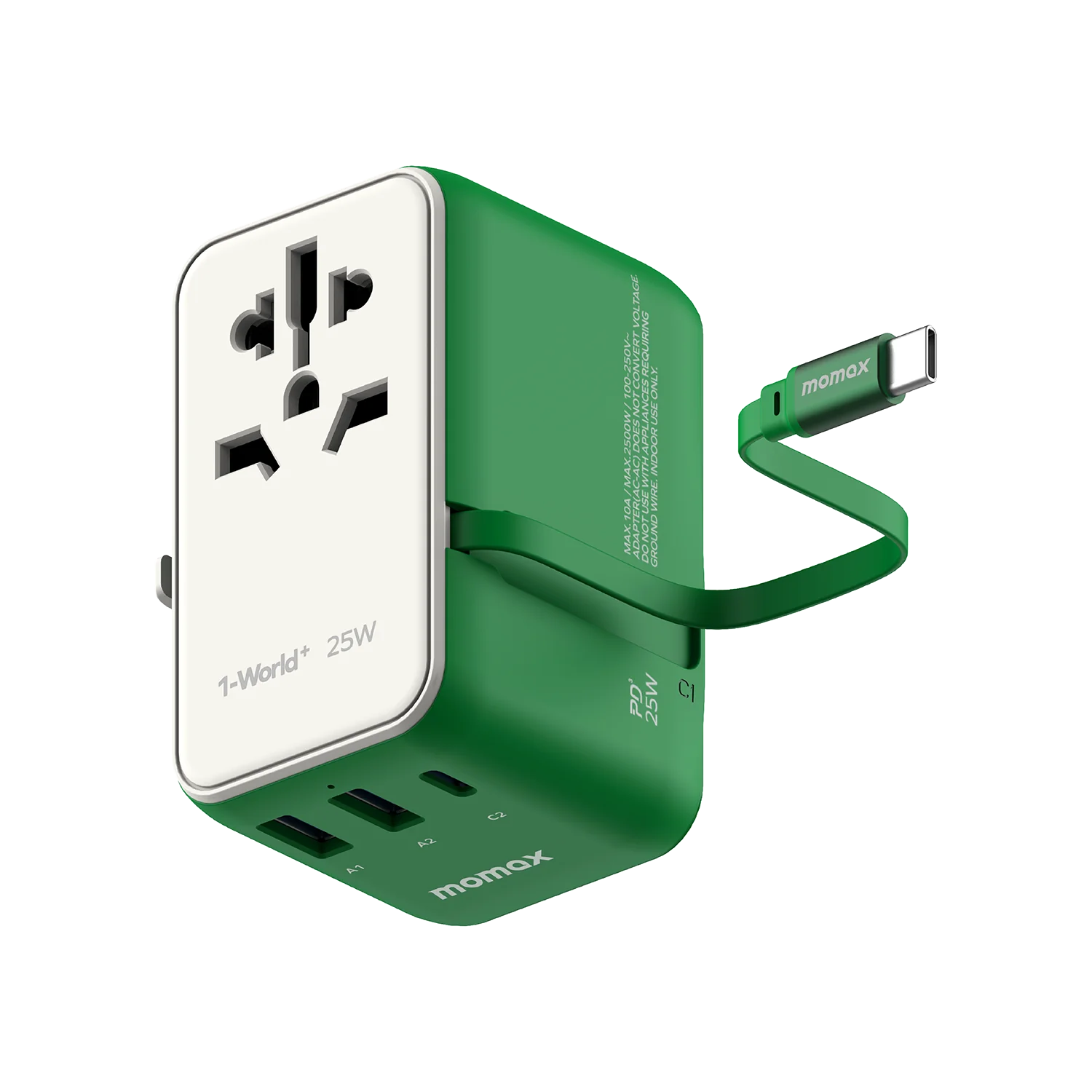 Momax UA20 1-World+ 25W 3-Port AC Travel Adapter w/ Built-in USB-C Cable