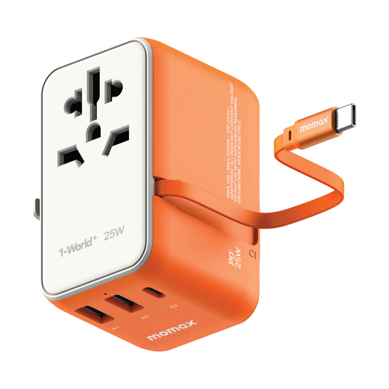 Momax UA20 1-World+ 25W 3-Port AC Travel Adapter w/ Built-in USB-C Cable