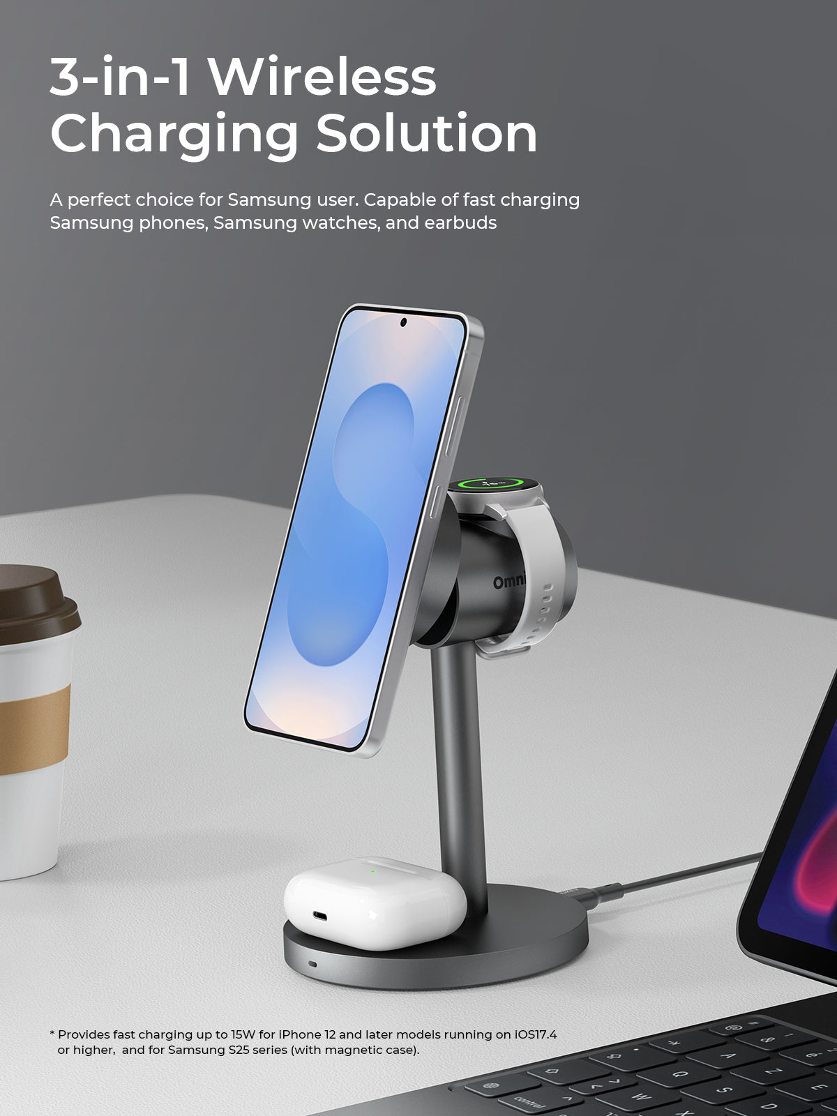 Aukey LC-MC311G MagFusion 3-in-1 G Qi2 Magnetic Fast Wireless Charging Station for Samsung