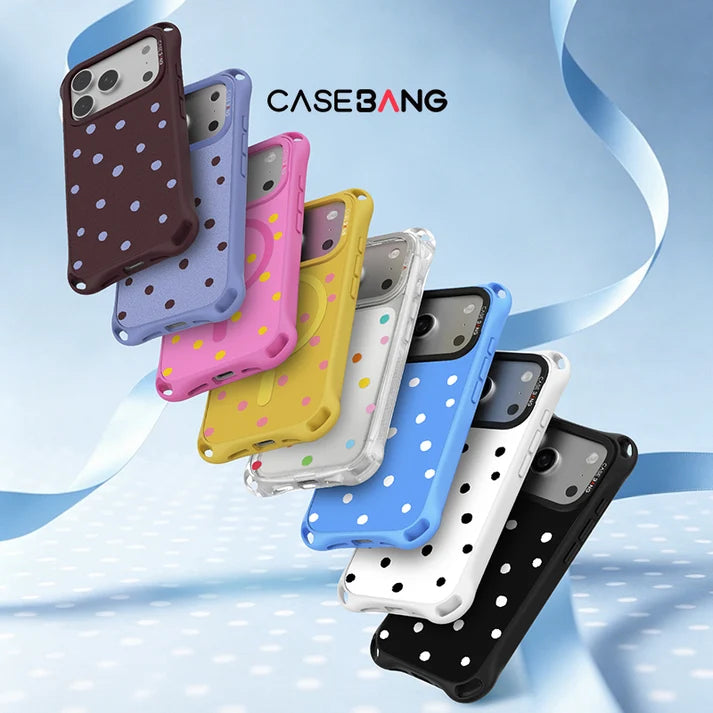 CASEBANG QuadGuard ImagiSnap Snap-On Base Case for iPhone 18 / 17 / 16 Series - Polka Dots | Base Case + Snap-On Cover set