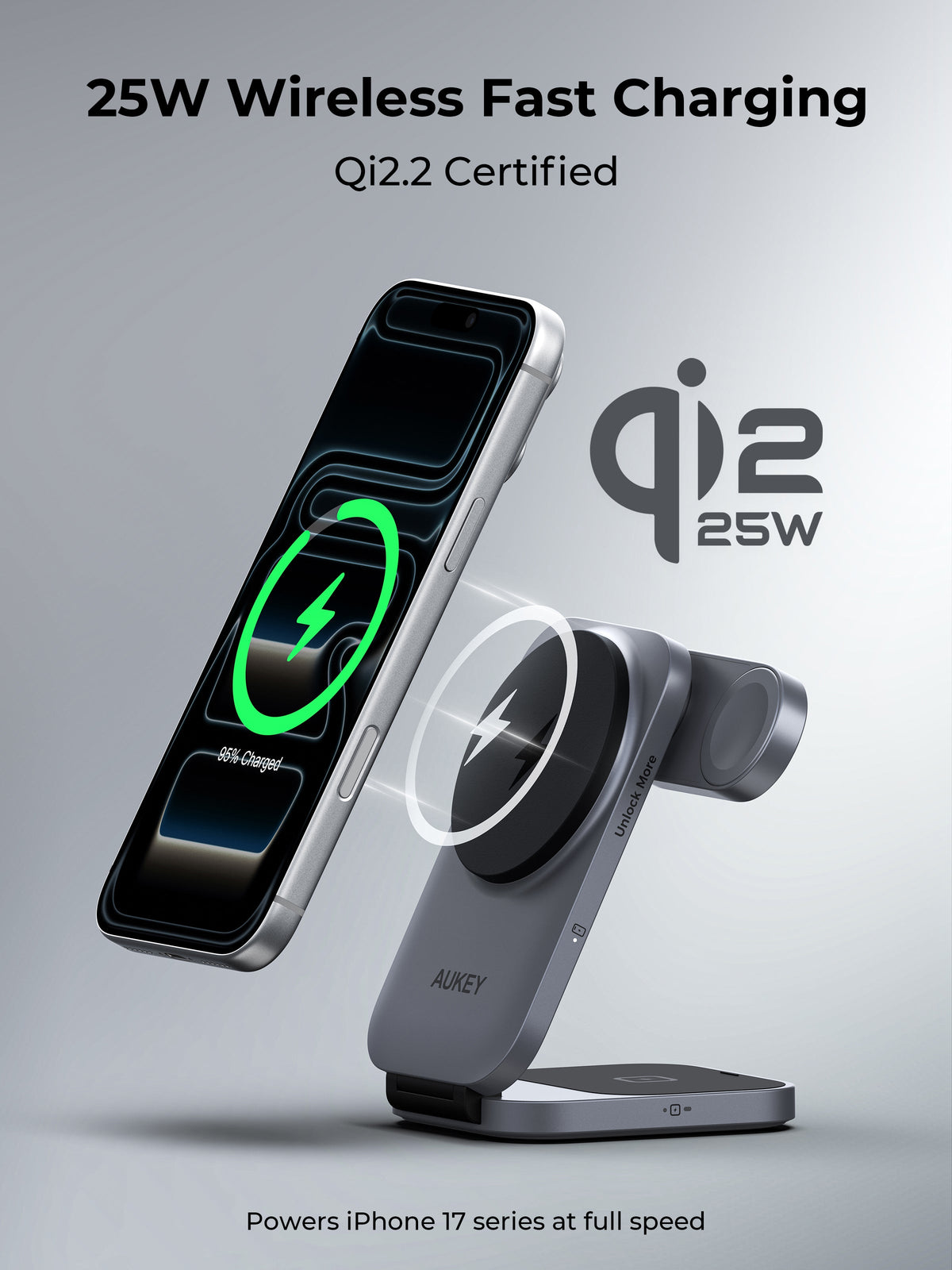 Aukey LC-MC319B MagFusion Z Plus Lite 3-in-1 Foldable Qi2 Magnetic Fast Wireless Charger