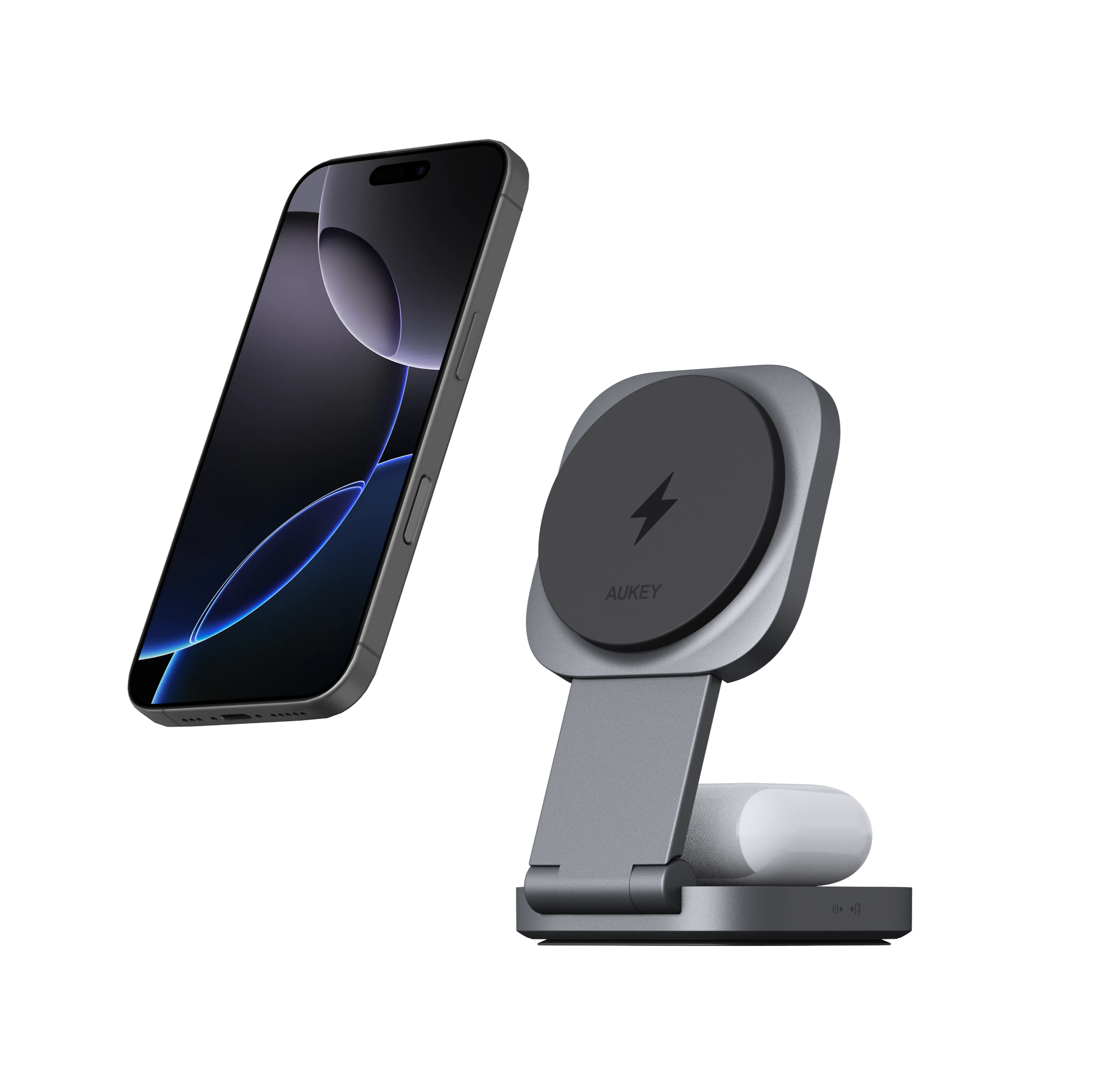 Aukey LC-MC211 MagFusion L 2-in-1 Foldable Qi2 Magnetic Fast Wireless Charging Station for iPhone & Airpods