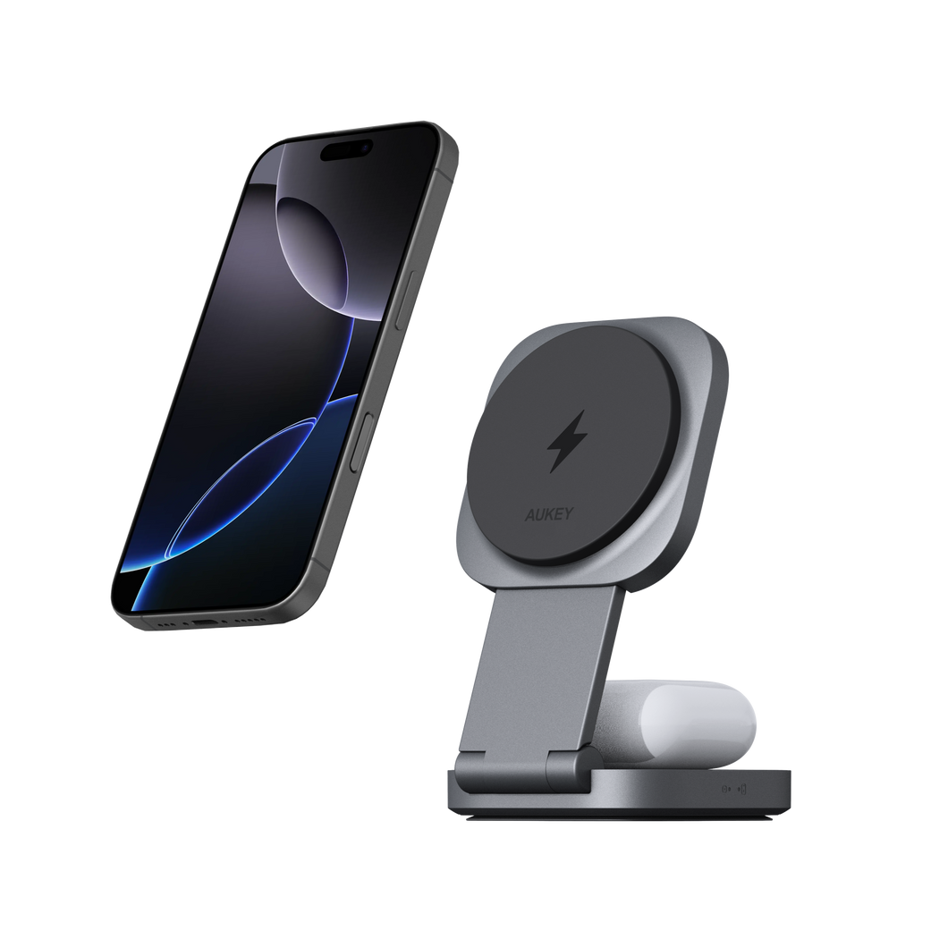 Aukey LC-MC211 MagFusion L 2-in-1 Foldable Qi2 Magnetic Fast Wireless Charging Station for iPhone & Airpods