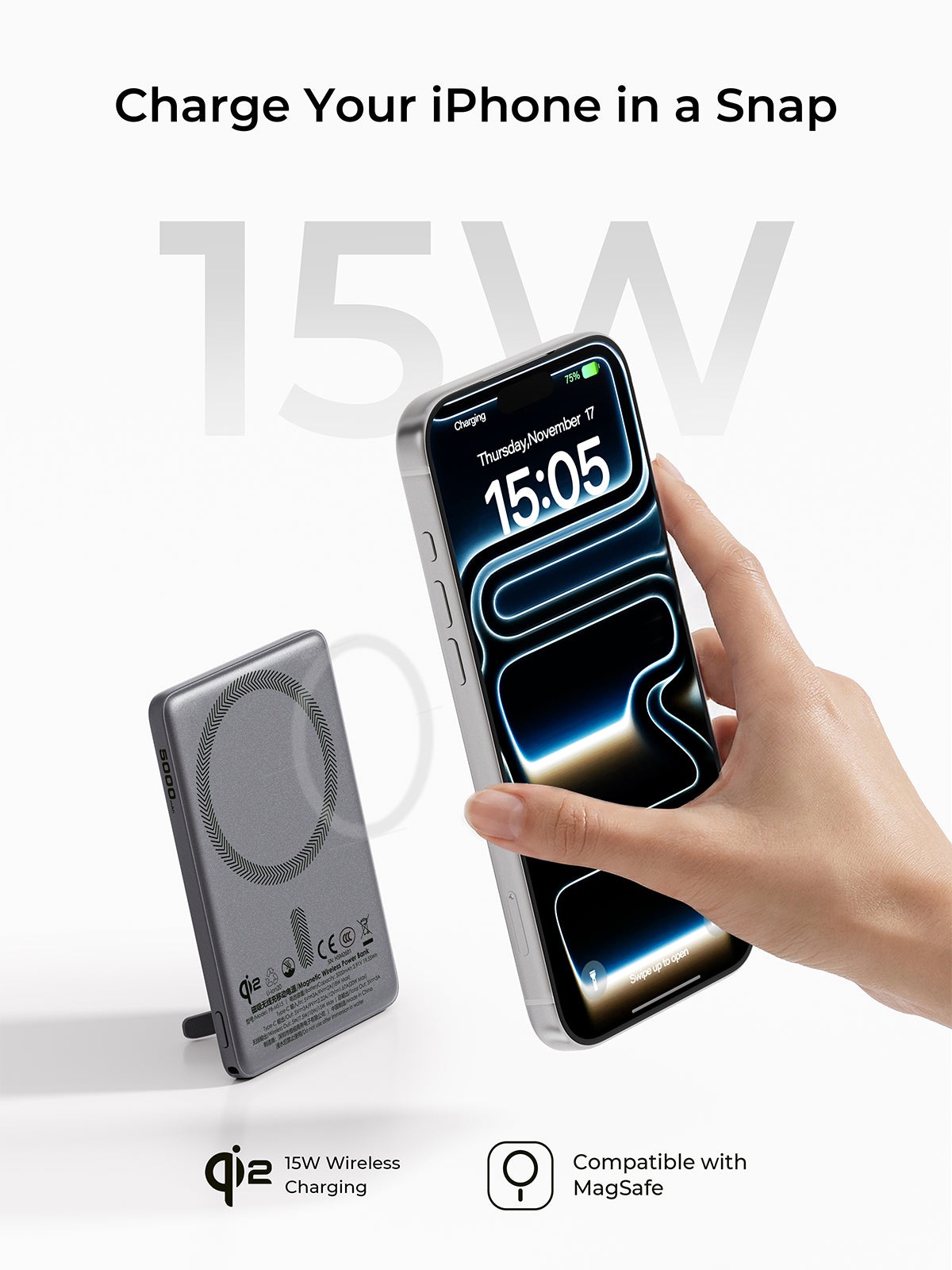 [3C | CCC Certified] Aukey PB-MS15 MagFusion Vista Qi2 5000mAh 20W Magnetic Wireless Fast Charging Power Bank