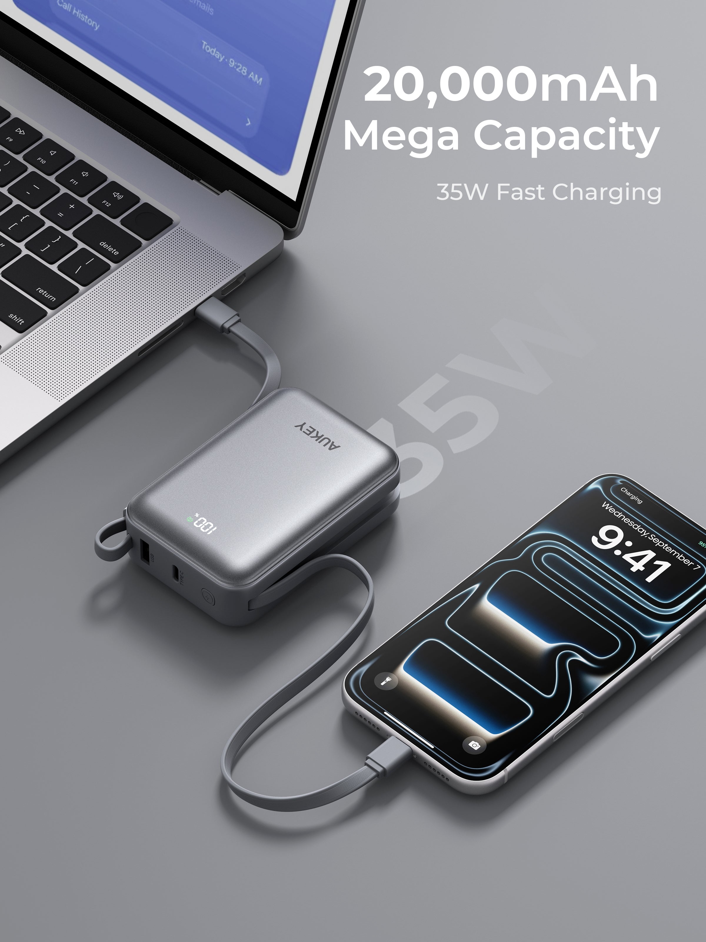 Aukey PB-Y92 Swivel Mini 20000mAh 35W Power Bank with Dual Built-in USB-C Cables