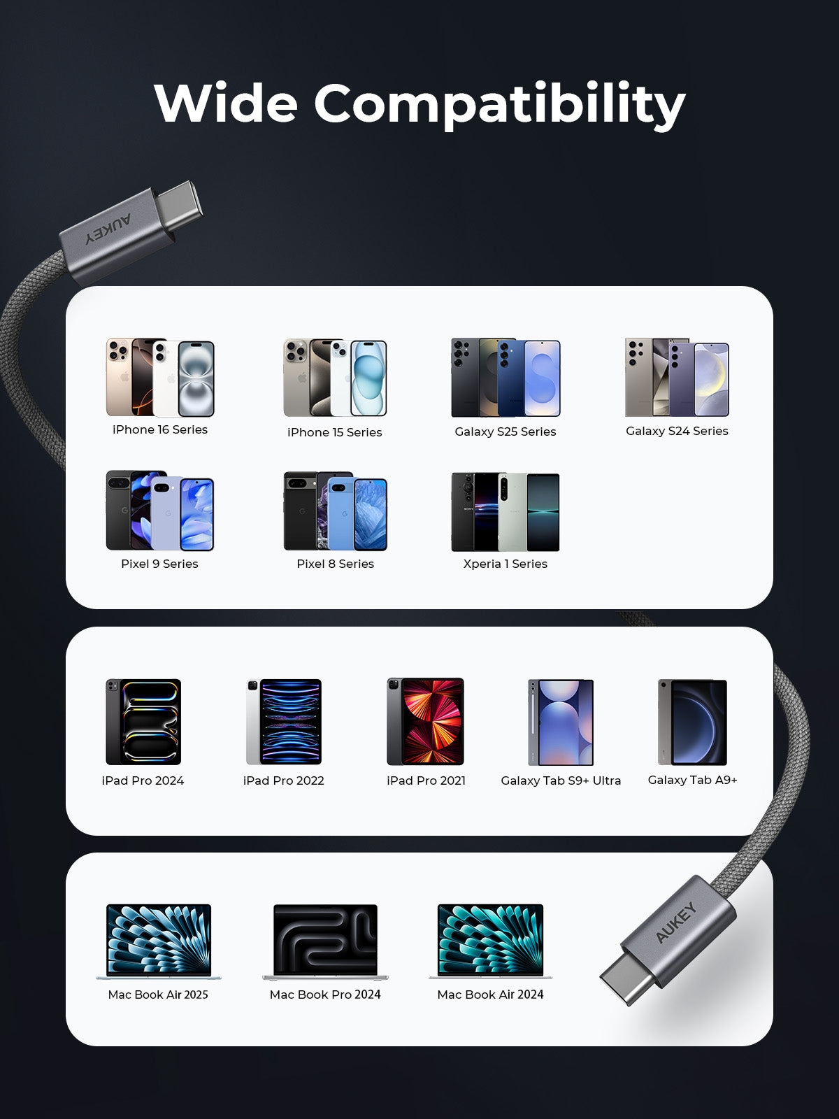 Aukey CB-DCC061/CB-DCC062 Circlet Blink 60W 1m/1.8m DTY Braided USB-C to USB-C Cable