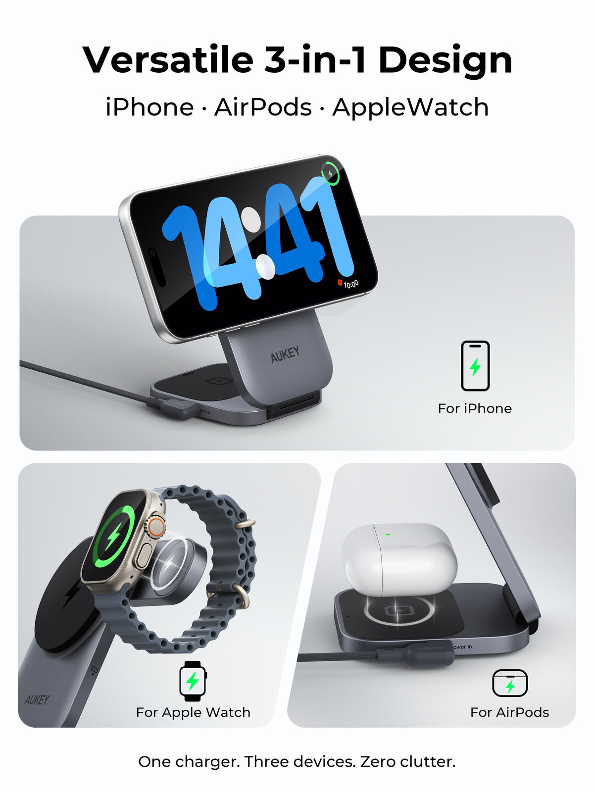 Aukey LC-MC319B MagFusion Z Plus Lite 3-in-1 Foldable Qi2 Magnetic Fast Wireless Charger
