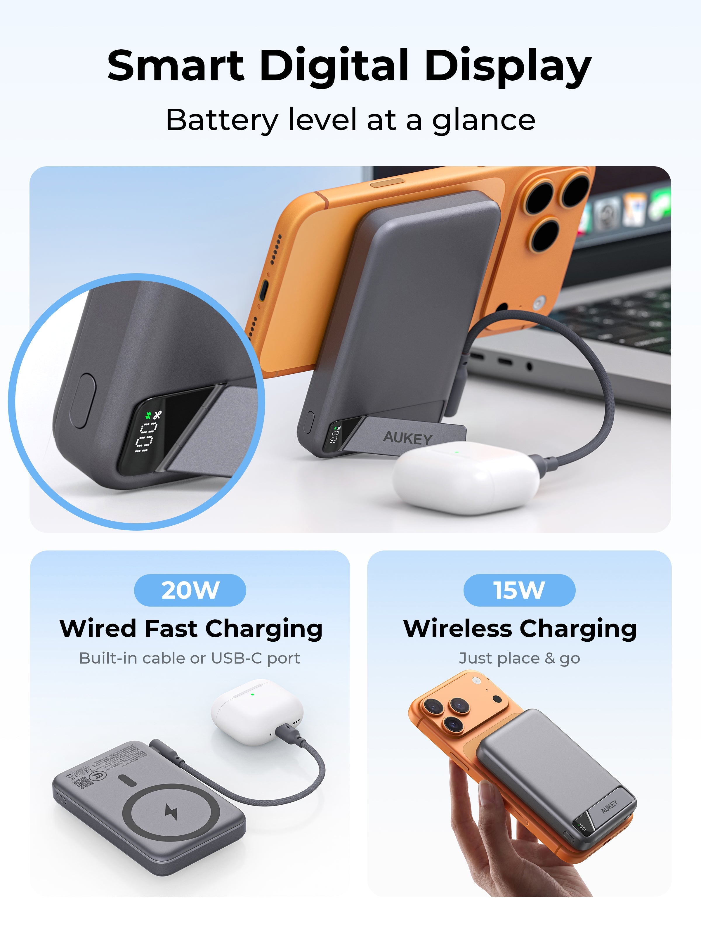 [3C | CCC Certified] Aukey PB-MS20 MagFusion Vista 10000mAh 15W Wireless Power Bank w Built in Cable