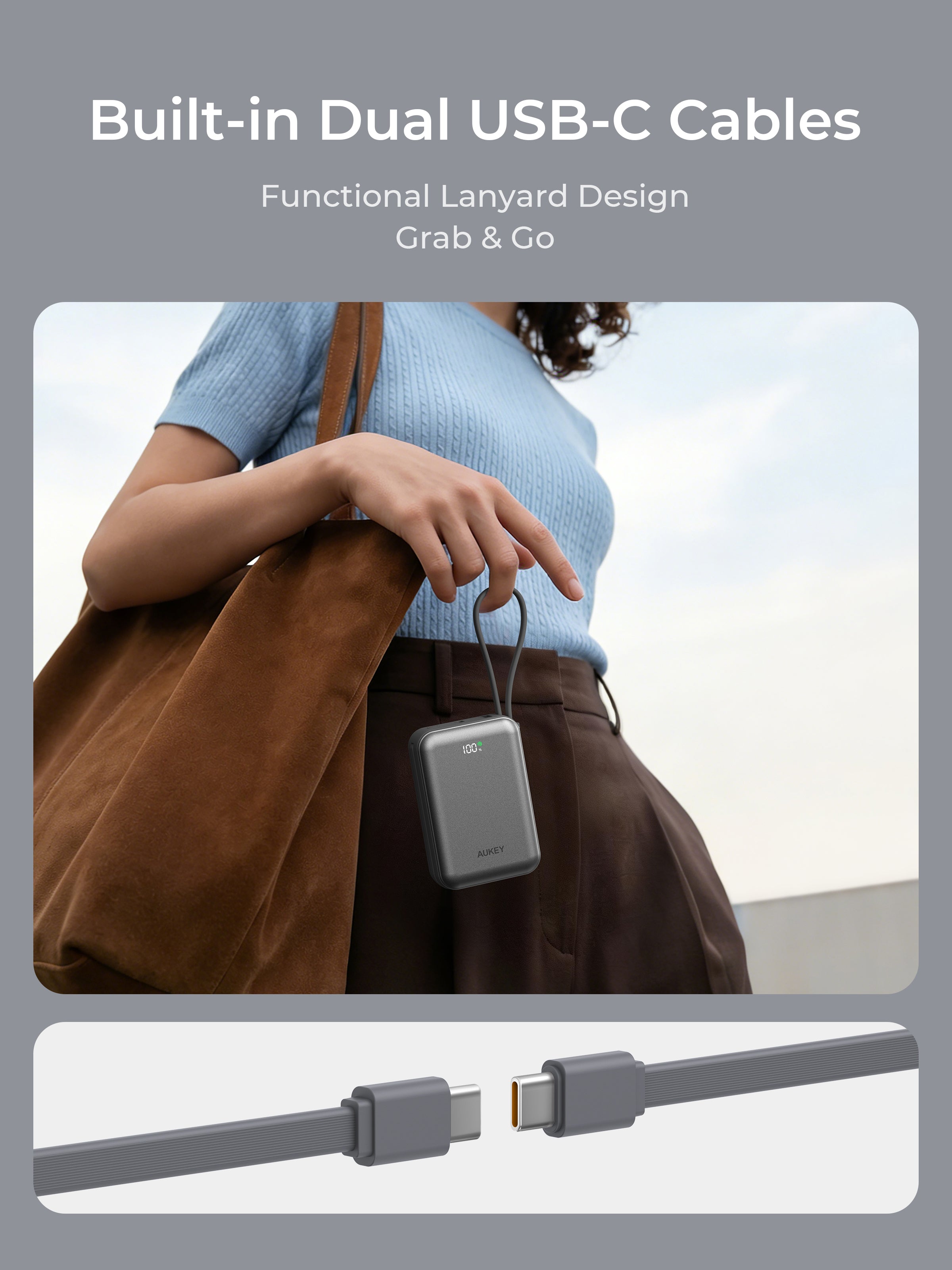 Aukey PB-Y92 Swivel Mini 20000mAh 35W Power Bank with Dual Built-in USB-C Cables