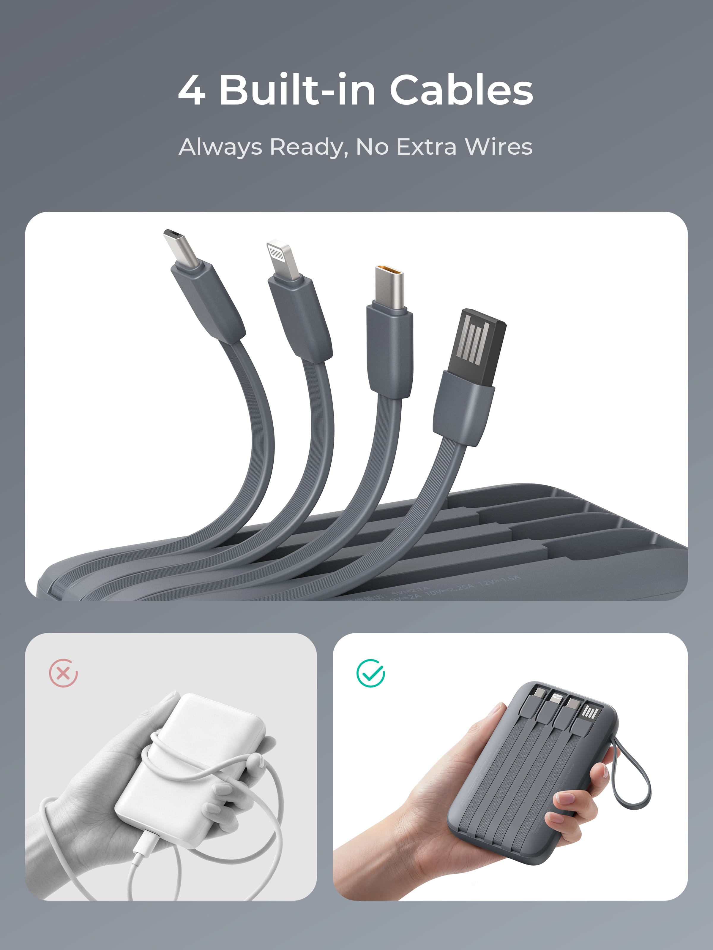 Aukey PB-Y95 Swivel Quad 10000mAh Fast Charging Powerbank with 4 Built-in Cables