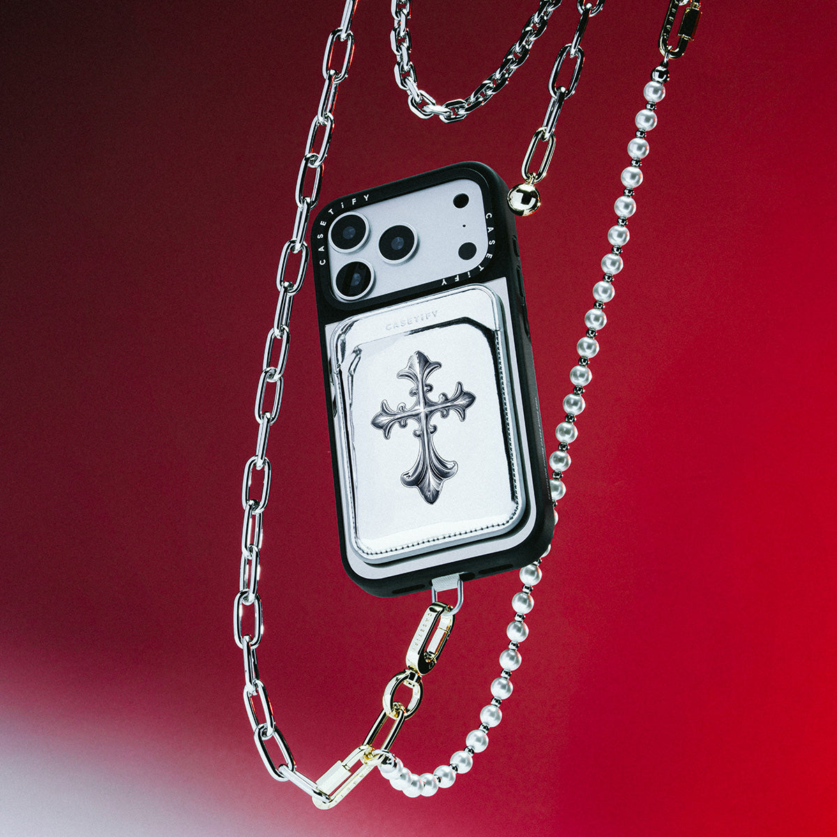 CASETiFY Cross Body 2-in-1 Metal Chain Phone Strap - Silver/Pearl