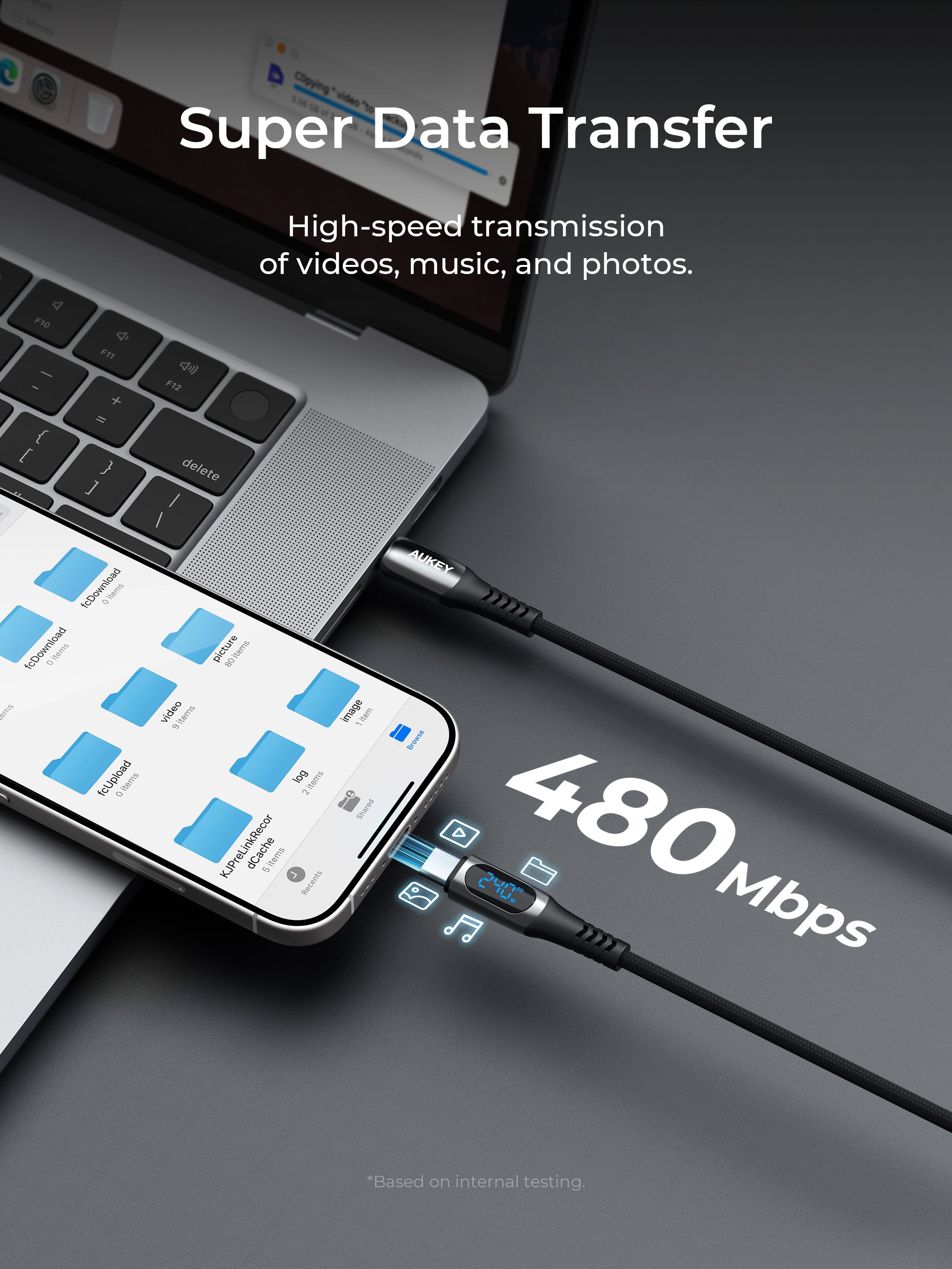 Aukey CB-DCC244 Impulse 240W 2m Fast Charging Fast Data Transfer DTY Braided USB-C to USB-C Cable with Built in LCD Display