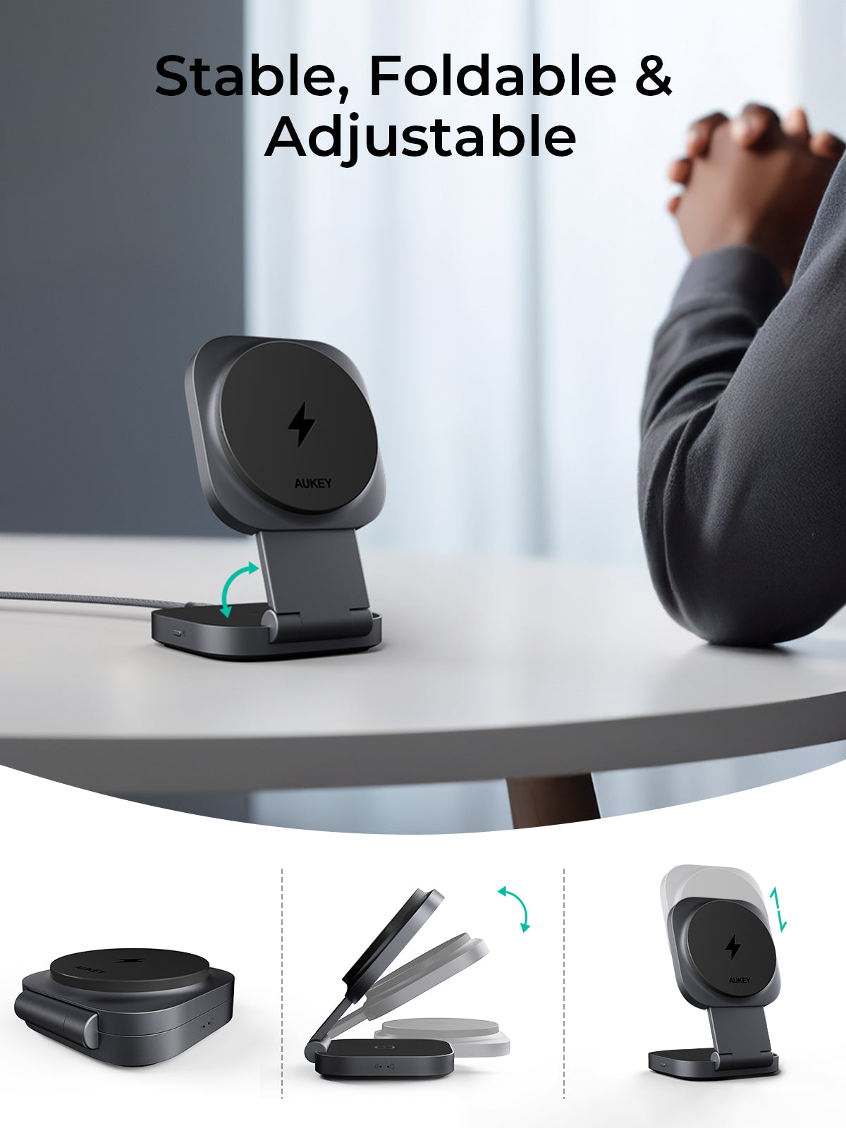 Aukey LC-MC211 MagFusion L 2-in-1 Foldable Qi2 Magnetic Fast Wireless Charging Station
