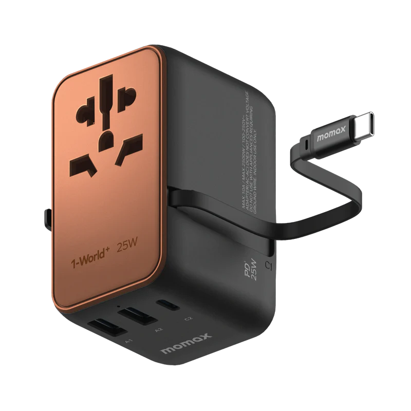 Momax UA20 1-World+ 25W 3-Port AC Travel Adapter w/ Built-in USB-C Cable