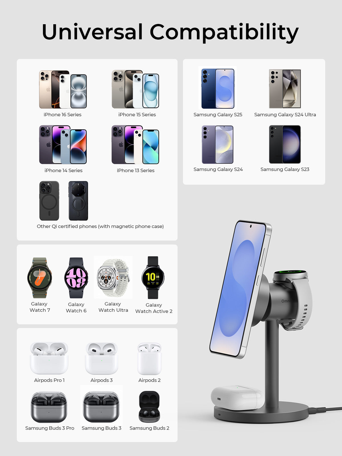 Aukey LC-MC311G MagFusion 3-in-1 G Qi2 Magnetic Fast Wireless Charging Station for Samsung