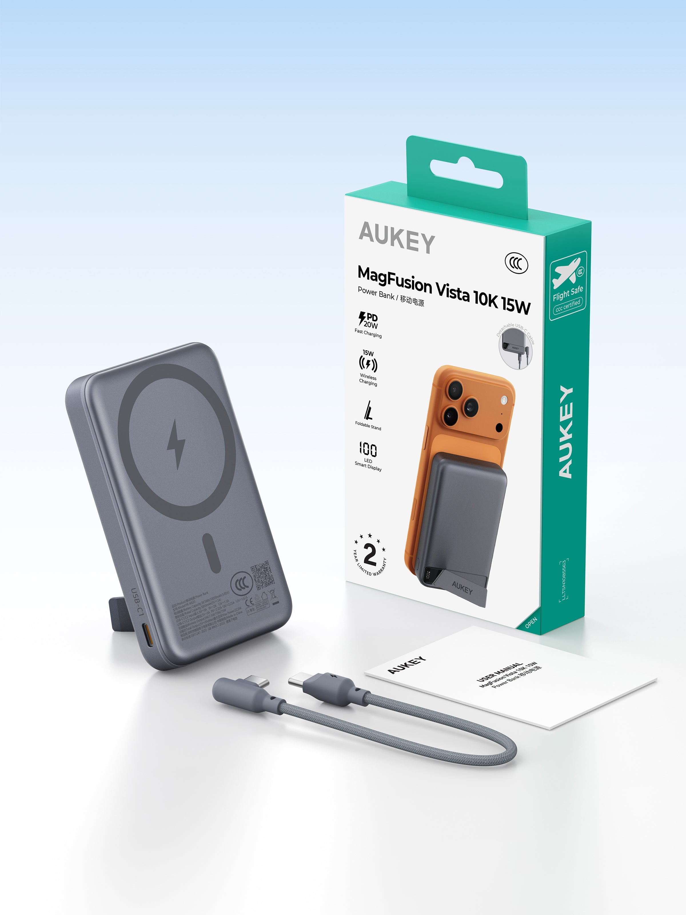 [3C | CCC Certified] Aukey PB-MS20 MagFusion Vista 10000mAh 15W Wireless Power Bank w Built in Cable