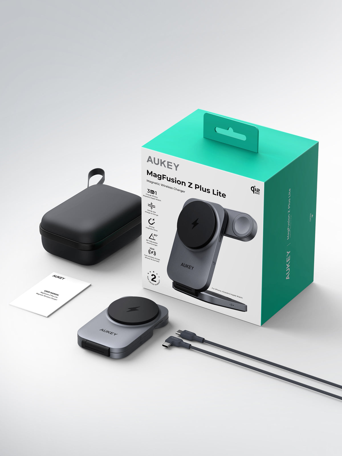 Aukey LC-MC319B MagFusion Z Plus Lite 3-in-1 Foldable Qi2 Magnetic Fast Wireless Charger