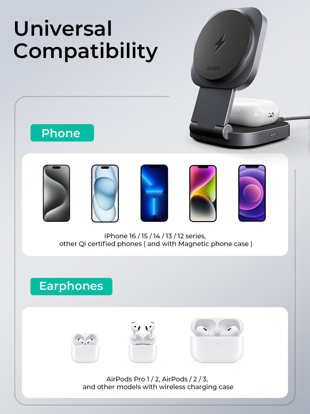 Aukey LC-MC211 MagFusion L 2-in-1 Foldable Qi2 Magnetic Fast Wireless Charging Station