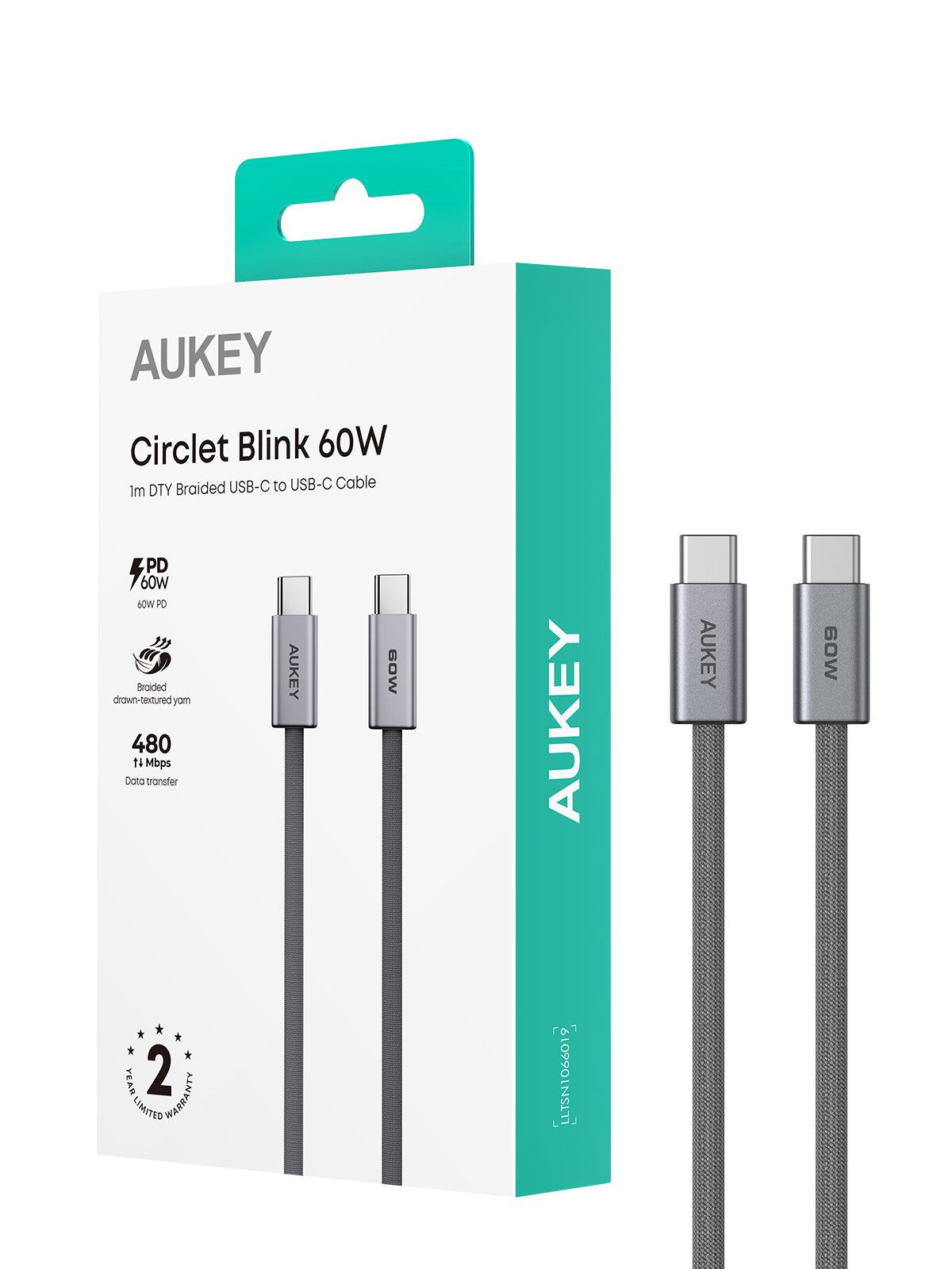 Aukey CB-DCC061/CB-DCC062 Circlet Blink 60W 1m/1.8m DTY Braided USB-C to USB-C Cable