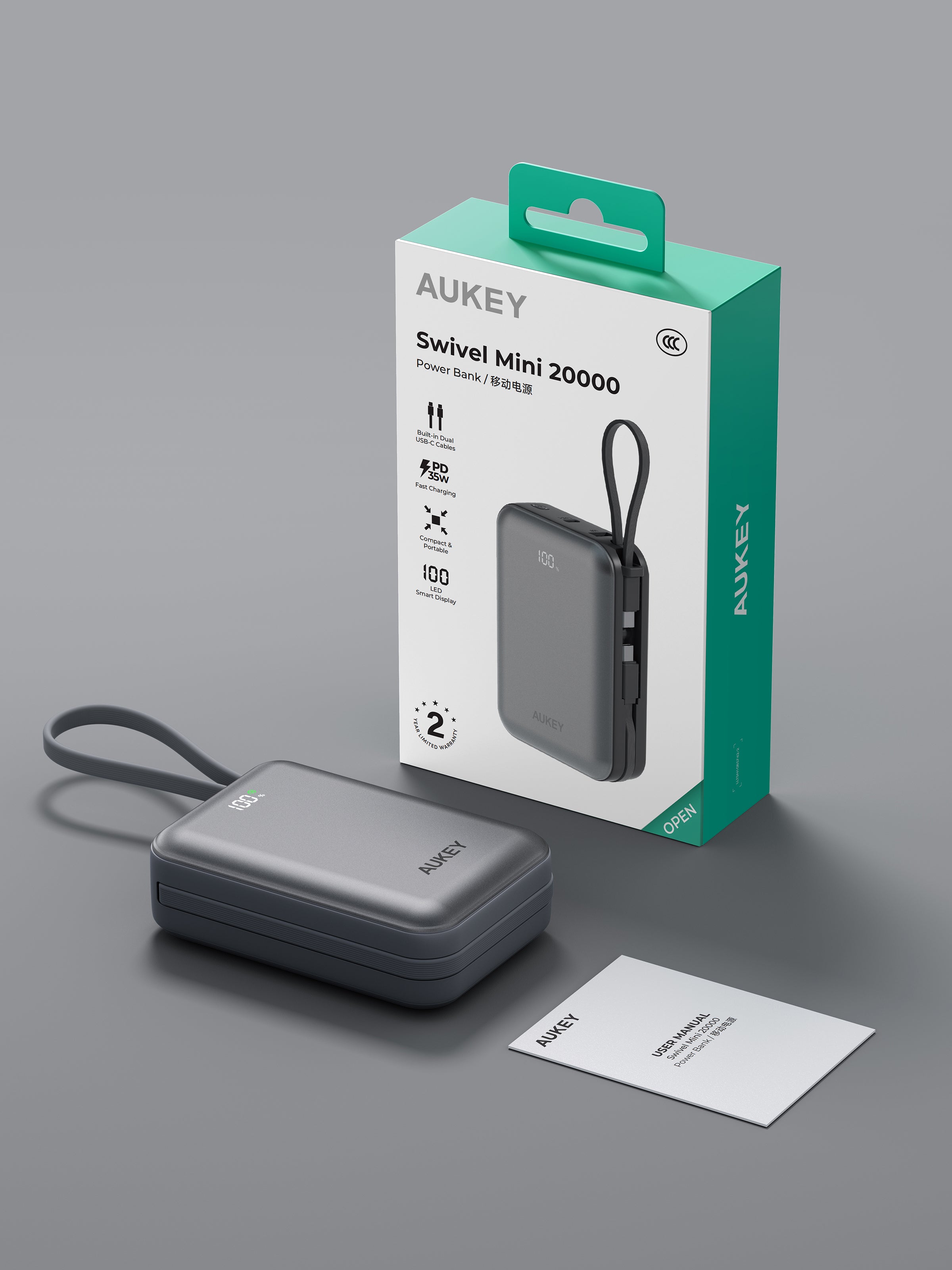 Aukey PB-Y92 Swivel Mini 20000mAh 35W Power Bank with Dual Built-in USB-C Cables