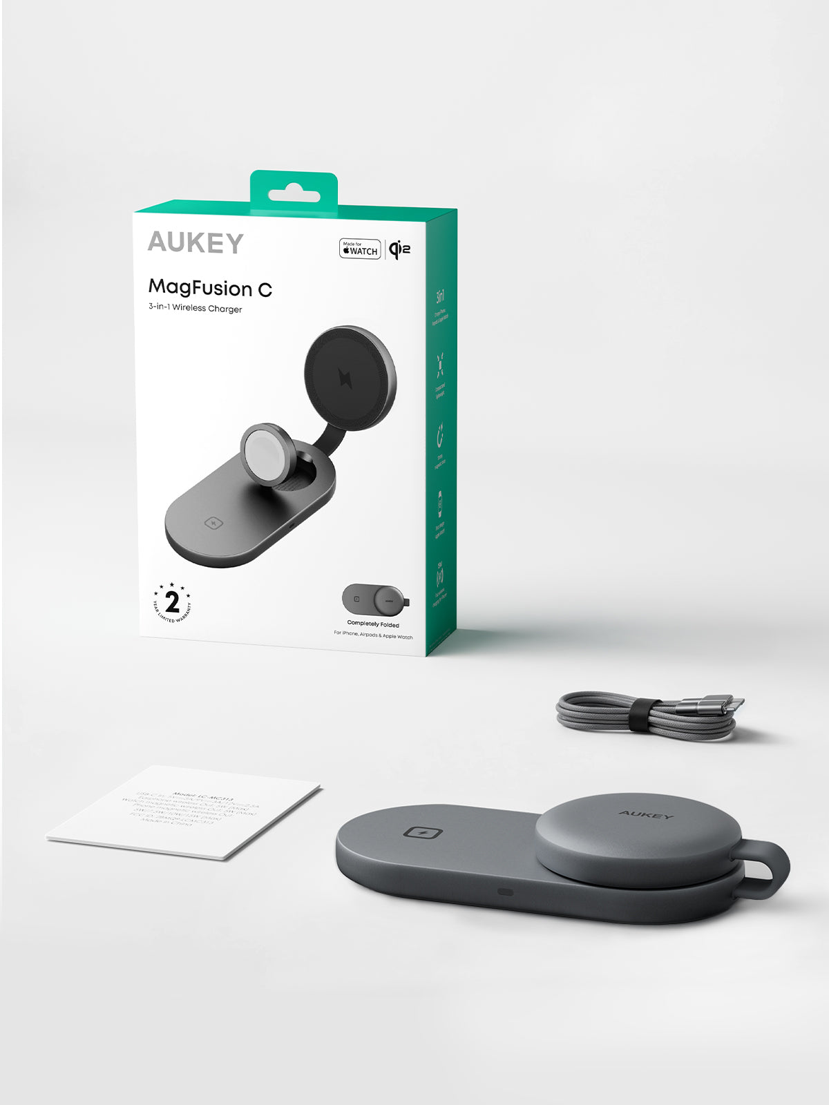 Aukey LC-MC313 MagFusion C 3-in-1 Qi2 MFW Certified Foldable Wireless Charging Station