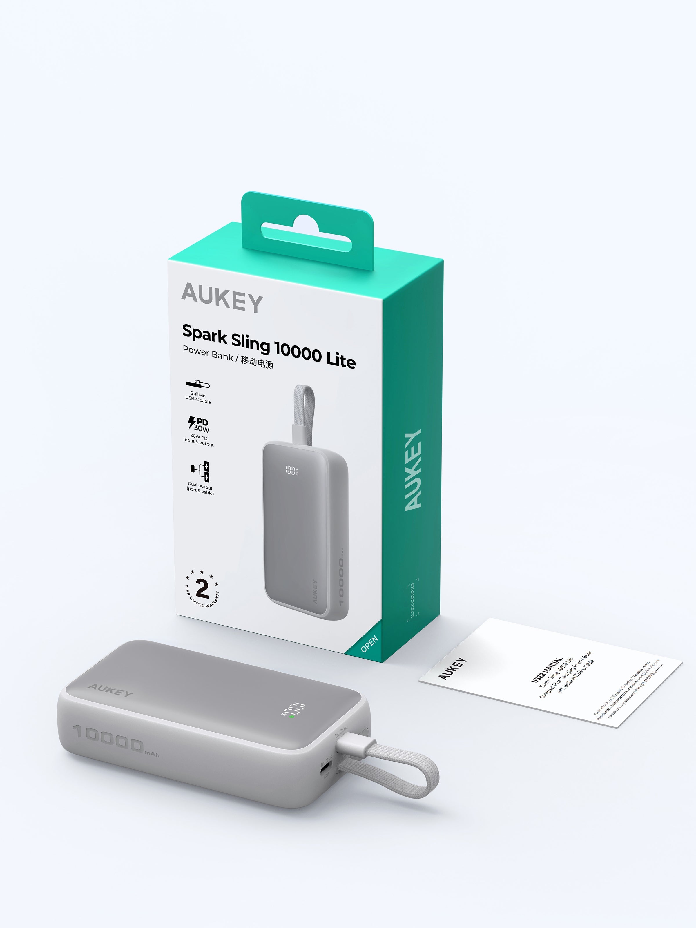 [CCC Certified] Aukey PB-Y61 Spark Sling 30W 10000mAh Fast Charging Powerbank with Built-in Type-C Cable