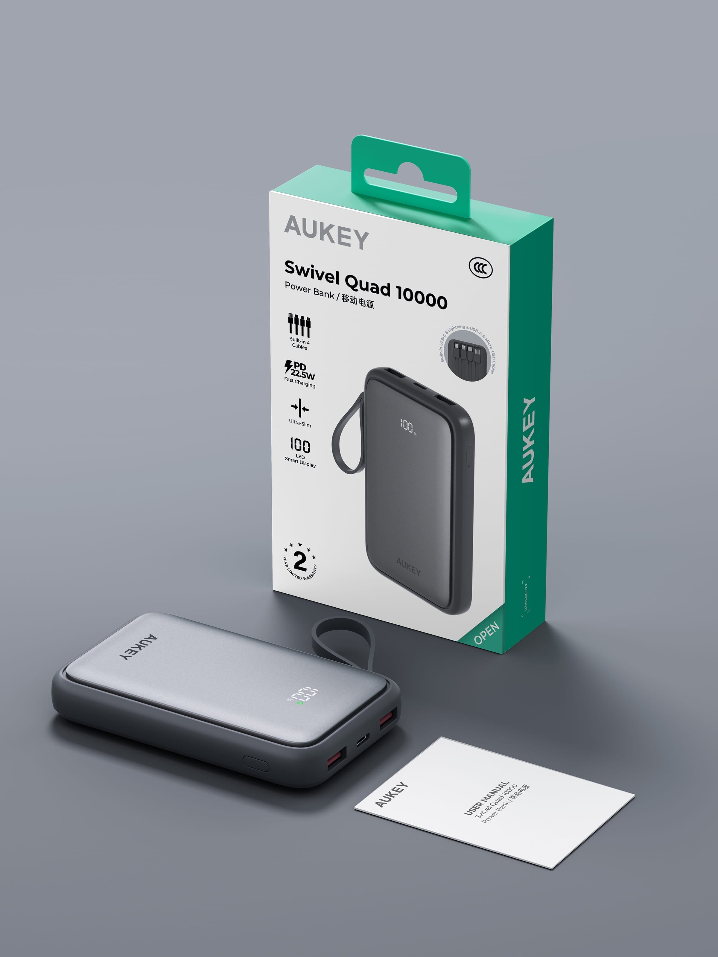 Aukey PB-Y95 Swivel Quad 10000mAh Fast Charging Powerbank with 4 Built-in Cables