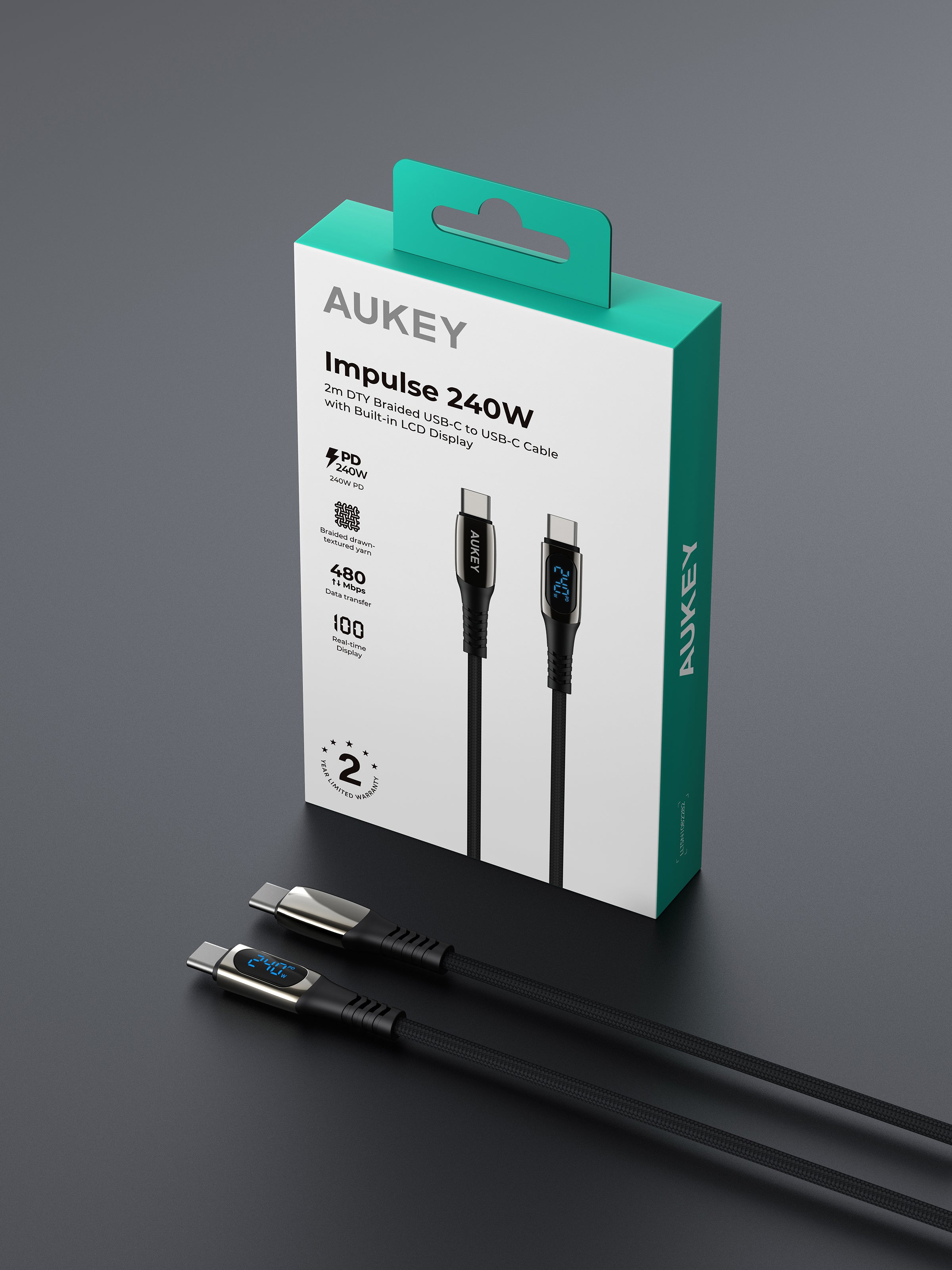 Aukey CB-DCC244 Impulse 240W 2m Fast Charging Fast Data Transfer DTY Braided USB-C to USB-C Cable with Built in LCD Display