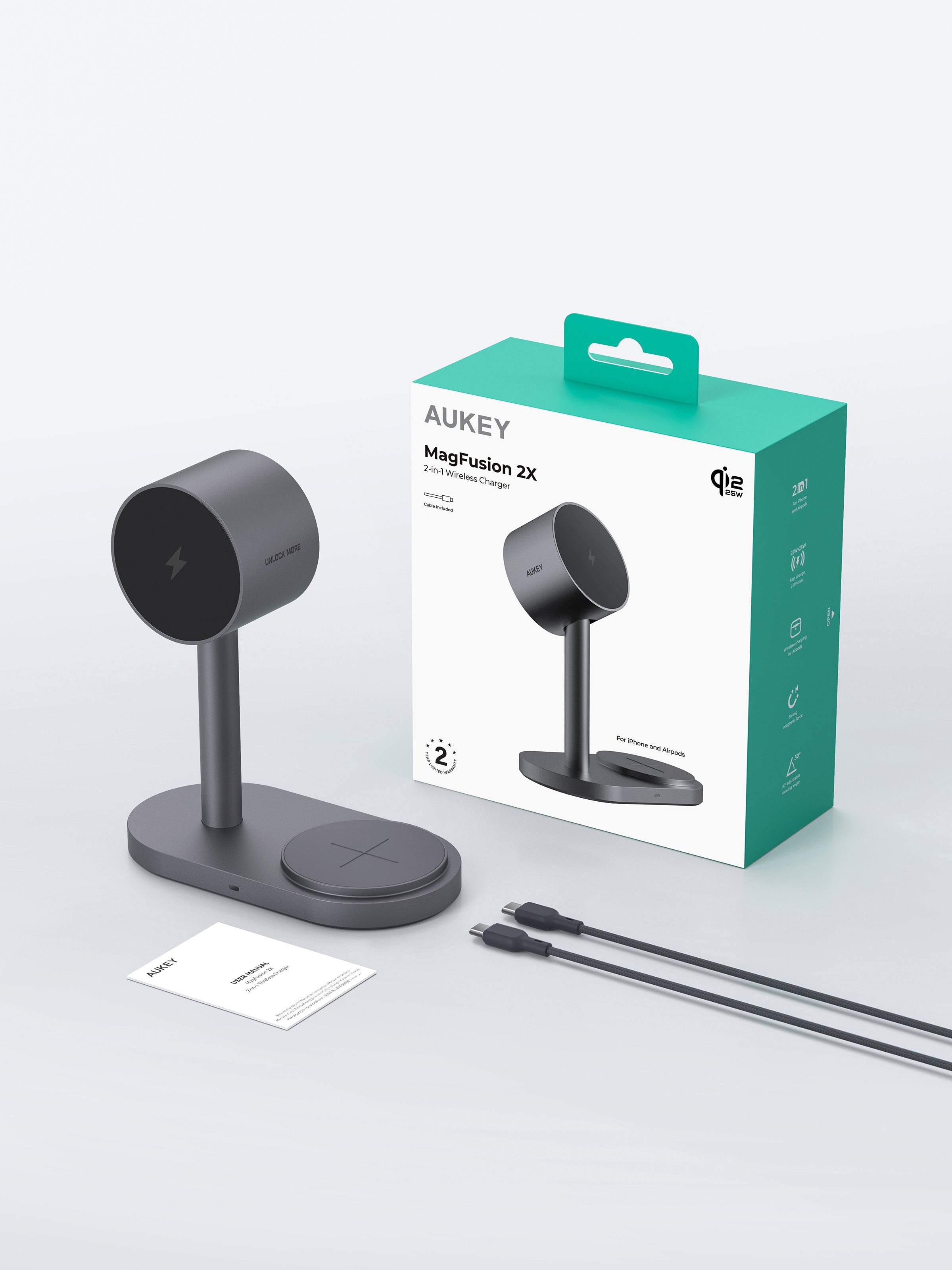 AUKEY LC-MC213 Qi2.2 MagFusion 2X 2-in-1 25W Magnetic Wireless Charging Station