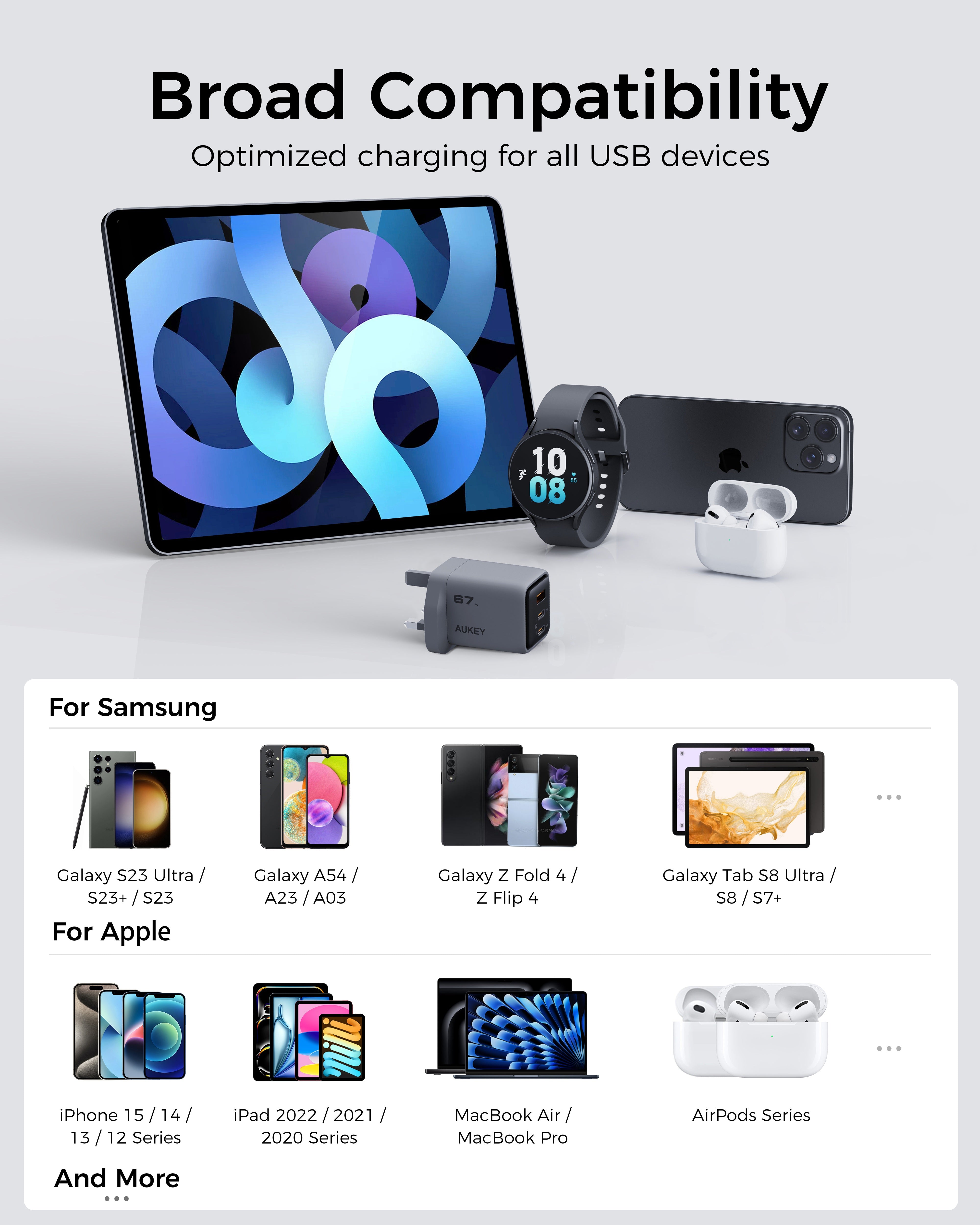 AUKEY PA-C3 Comet Mix 3 67W PD 3-Port GaN Wall Charger with PPS for Laptop & Mobile