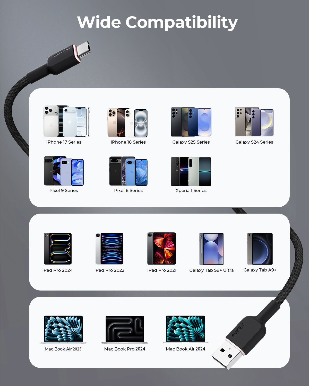 Aukey CB-DAC03 15W Circlet AC 1m DTY Braided Fast Charging Fast Data Transfer USB-A to USB-C Cable