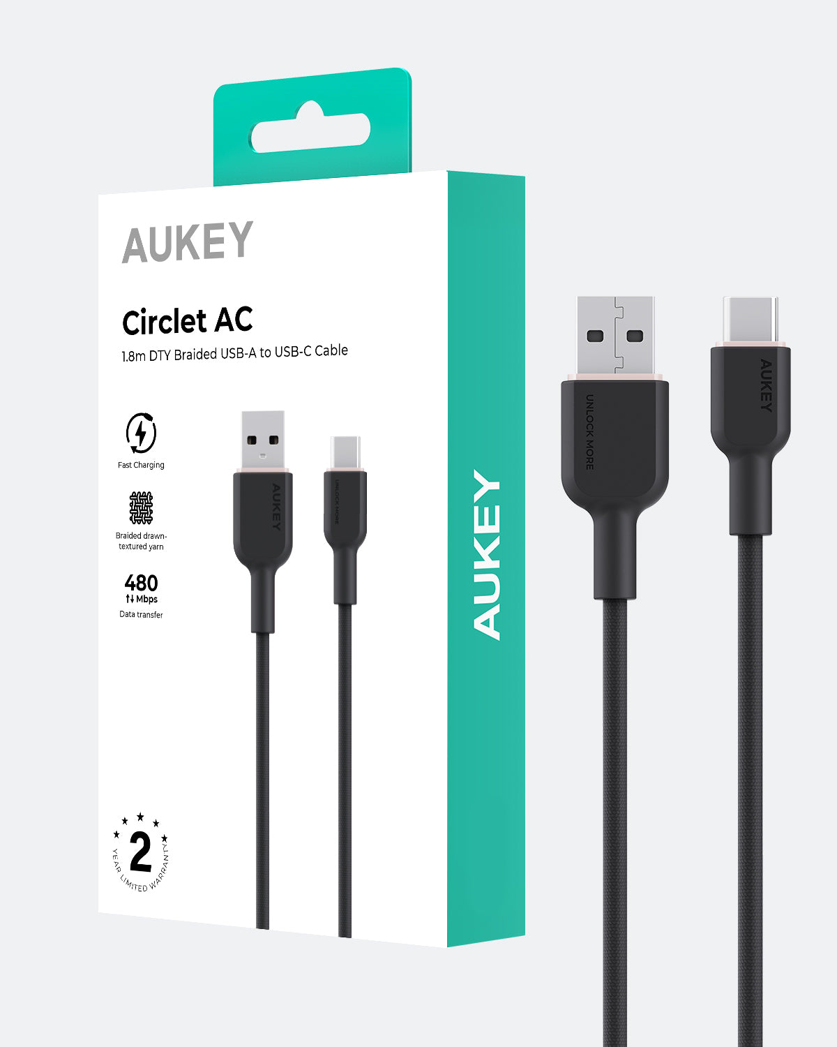 Aukey CB-DAC04 15W Circlet AC 1.8m DTY Braided Fast Charging Fast Data Transfer USB-A to USB-C Cable