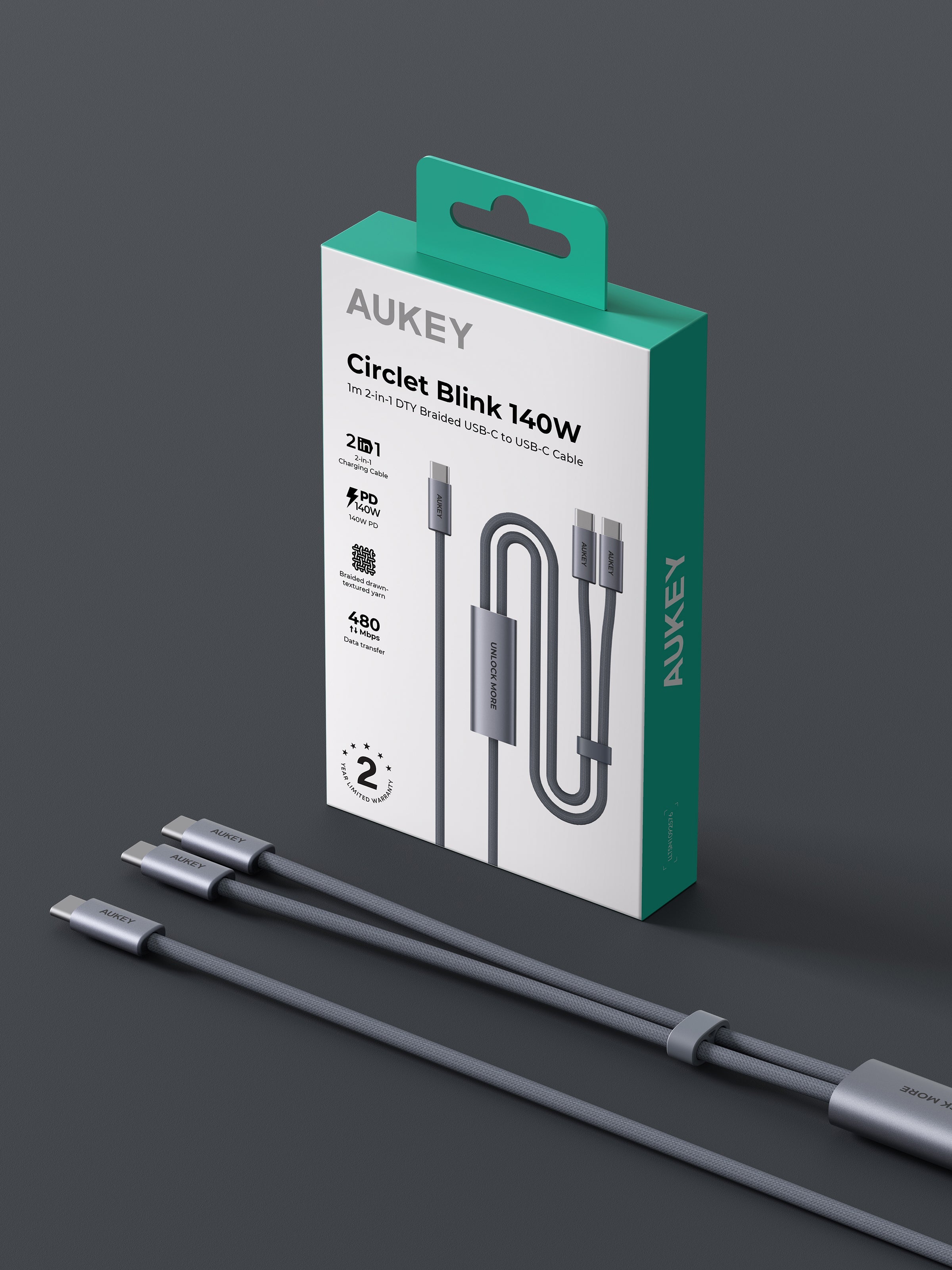 Aukey CB-DCC141 / CB-DCC142 CB-Circlet Blink 140W 1m/2m 2-in-1 DTY Braided USB-C to USB-C Cable