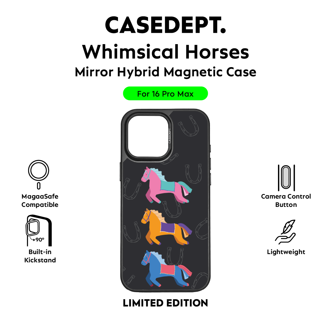 CaseDept. iPhone 16 Pro Max Mirror Case - Black Whimsical Horses