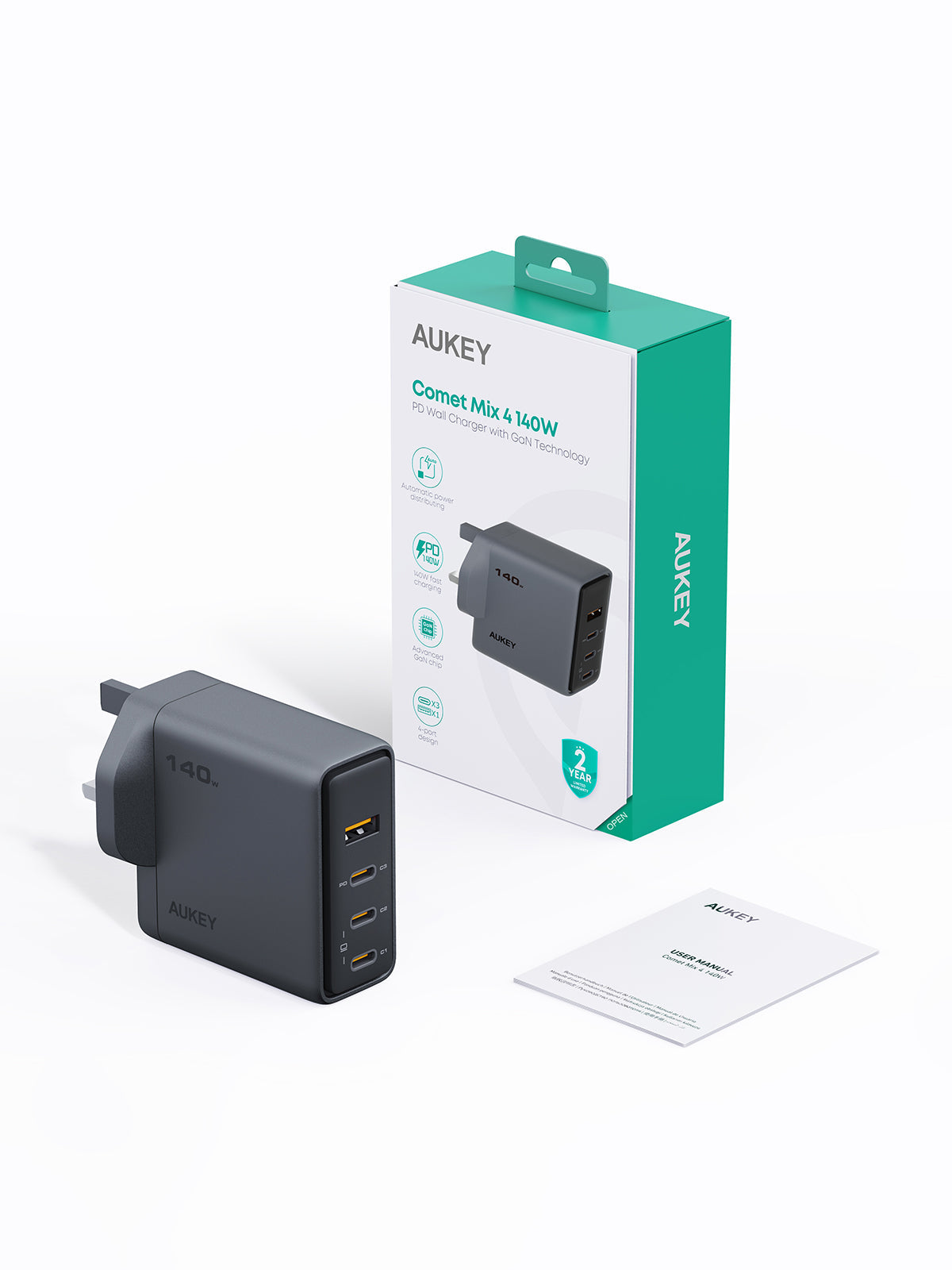 Aukey PA-C6 Comet Mix 4 140W PD 4-Port GaN Wall Charger with PPS for Laptop & Mobile