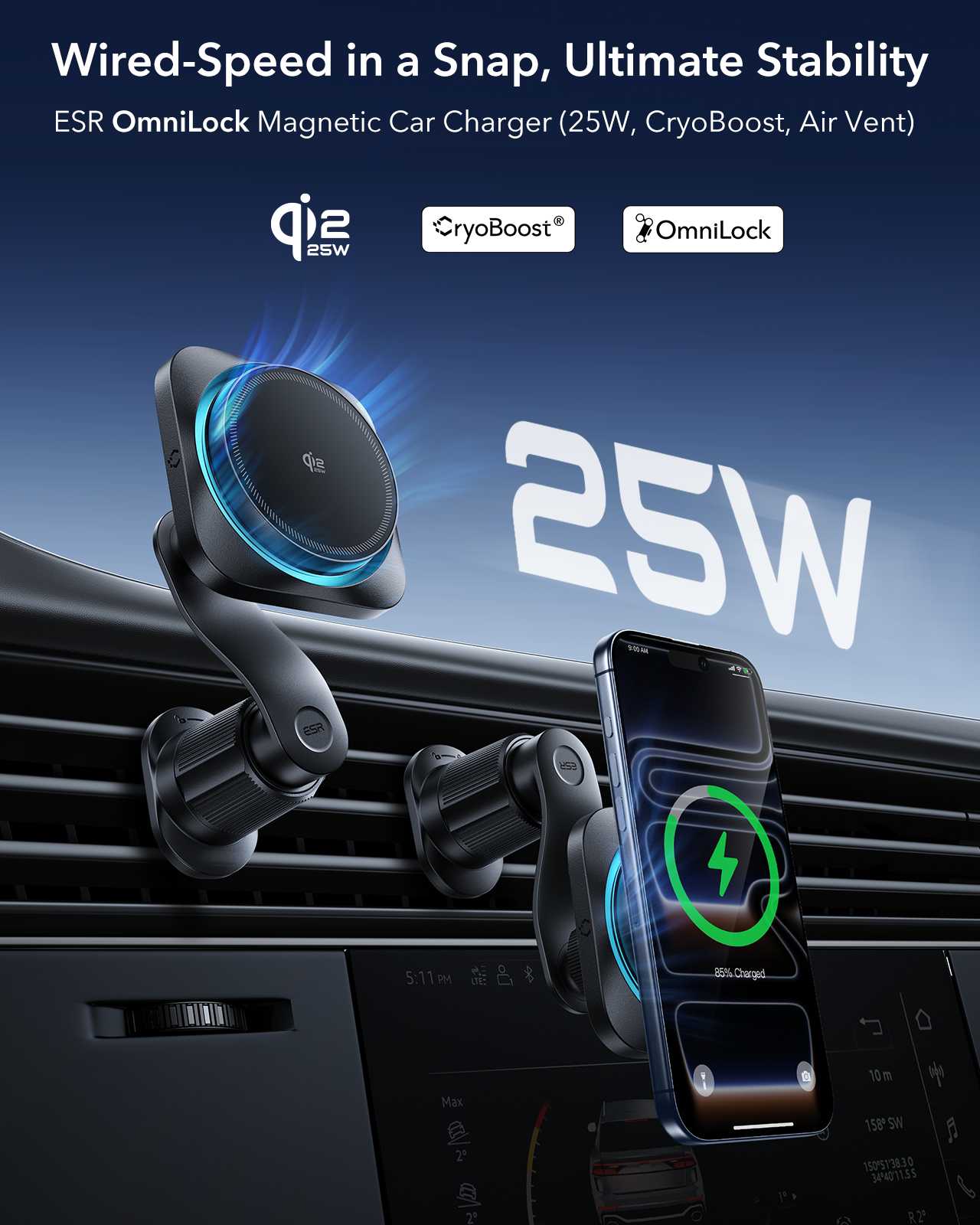 ESR OmniLock Qi2 25W CryoBoost Air Vent Magnetic Car Charger