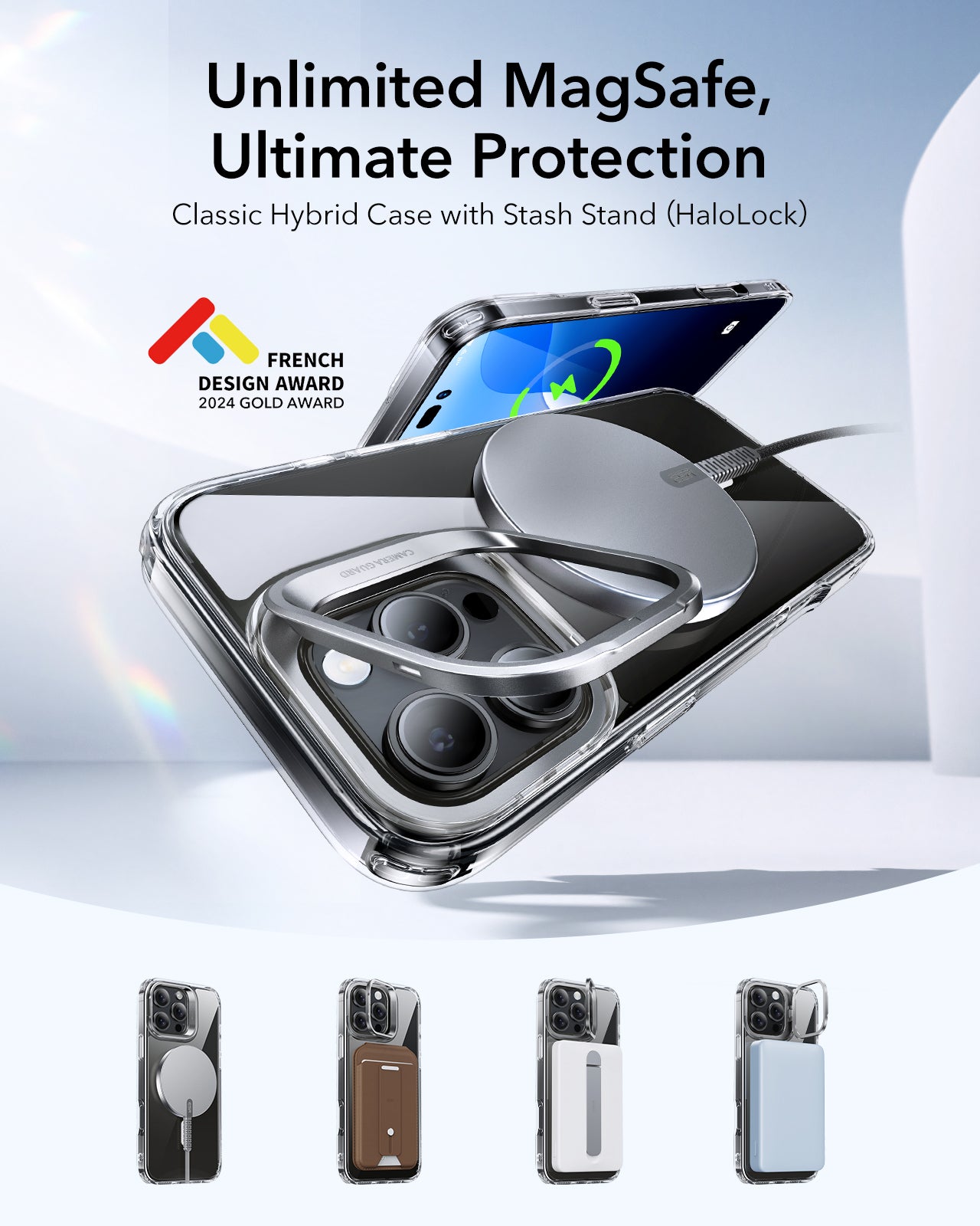 ESR iPhone 16 Pro / 16 Pro Max Classic Hybrid Case Stash Stand(HaloLock) with Screen Protector Set