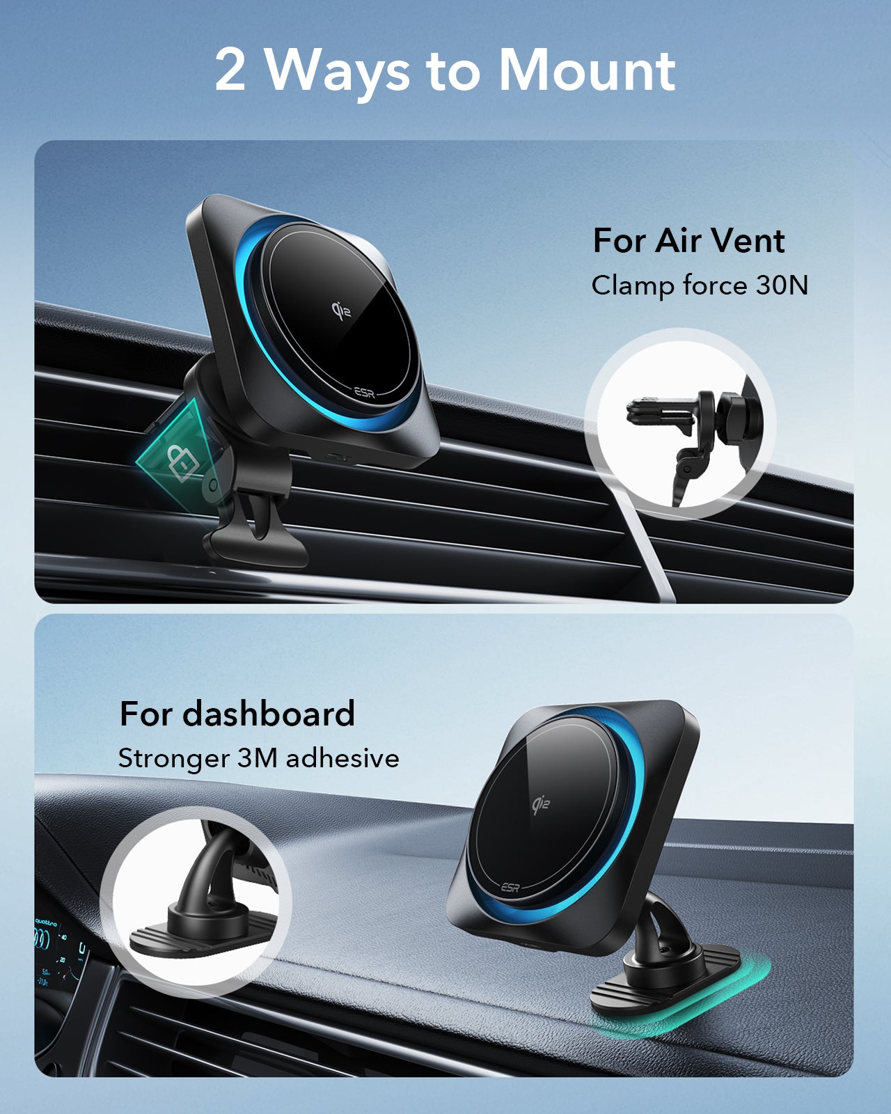 ESR HaloLock Qi2 Wireless Car Charger with CryoBoost - Frosted Onyx